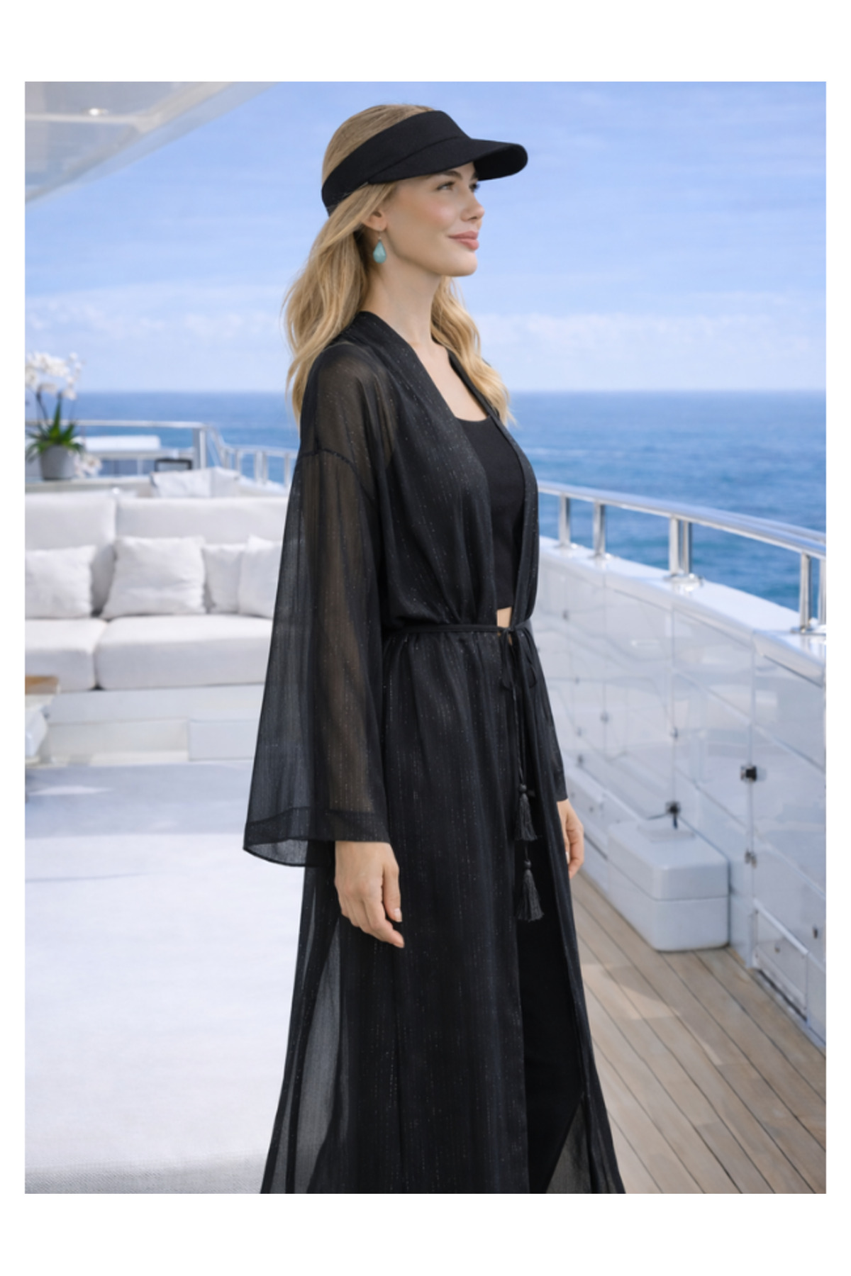 QYMOS PRIVE Qymos Prıve Düz Siyah Kimono Kaftan İnce Gümüş Sim