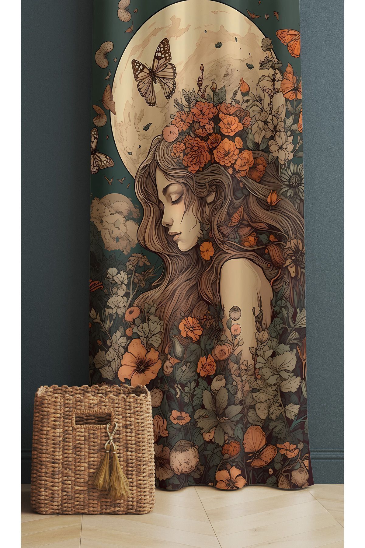 ALAMODECOR Doğa Kadın Kelebek Desenli Tek Kanat Genç Odası Fon Perde fotoğrafı 2 (önizleme)