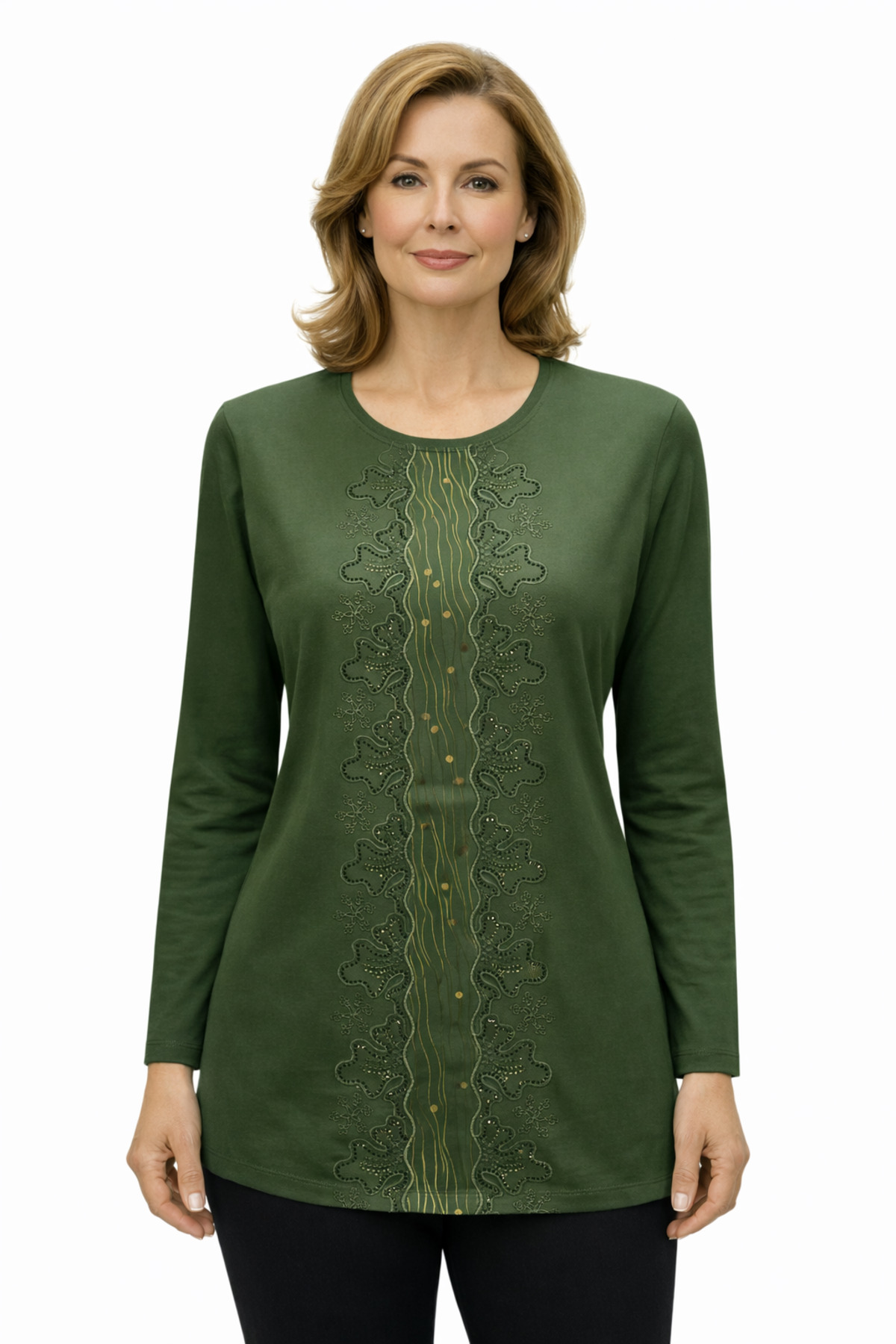 Comfortable Cut Front Waterway Stone Embroidered Khaki Mother Women Combed Cotton Blouse