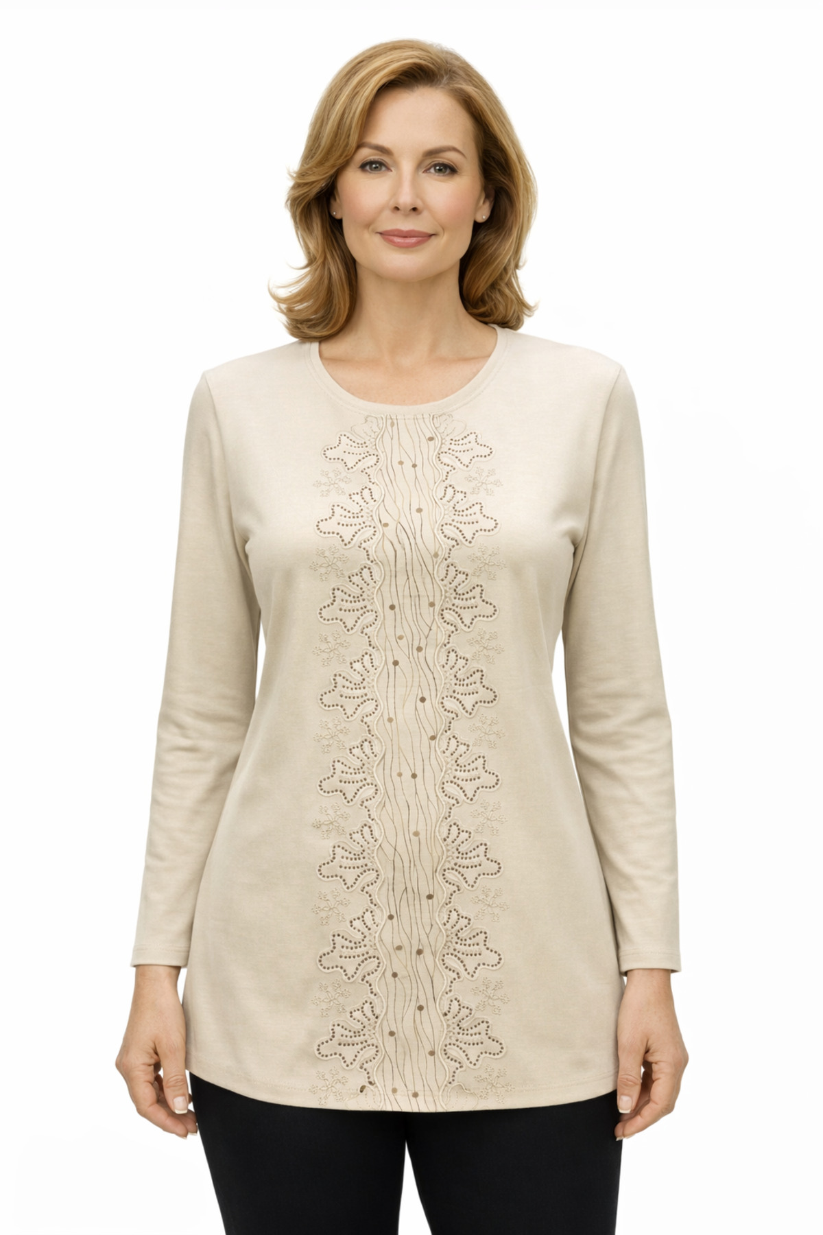 Comfortable Cut Front Waterway Stone Embroidered Cream Mother Women Combed Cotton Blouse