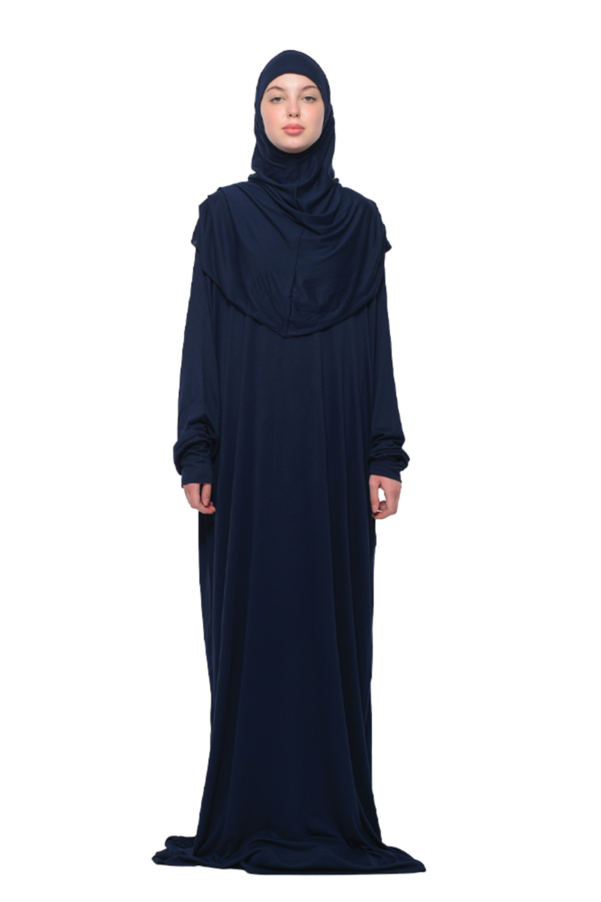 Altobeh Pratik Tek Parça Pamuklu Yarasa Kollu Tak Çıkar Başörtülü Organik Namaz Elbisesi Koyu Lacivert