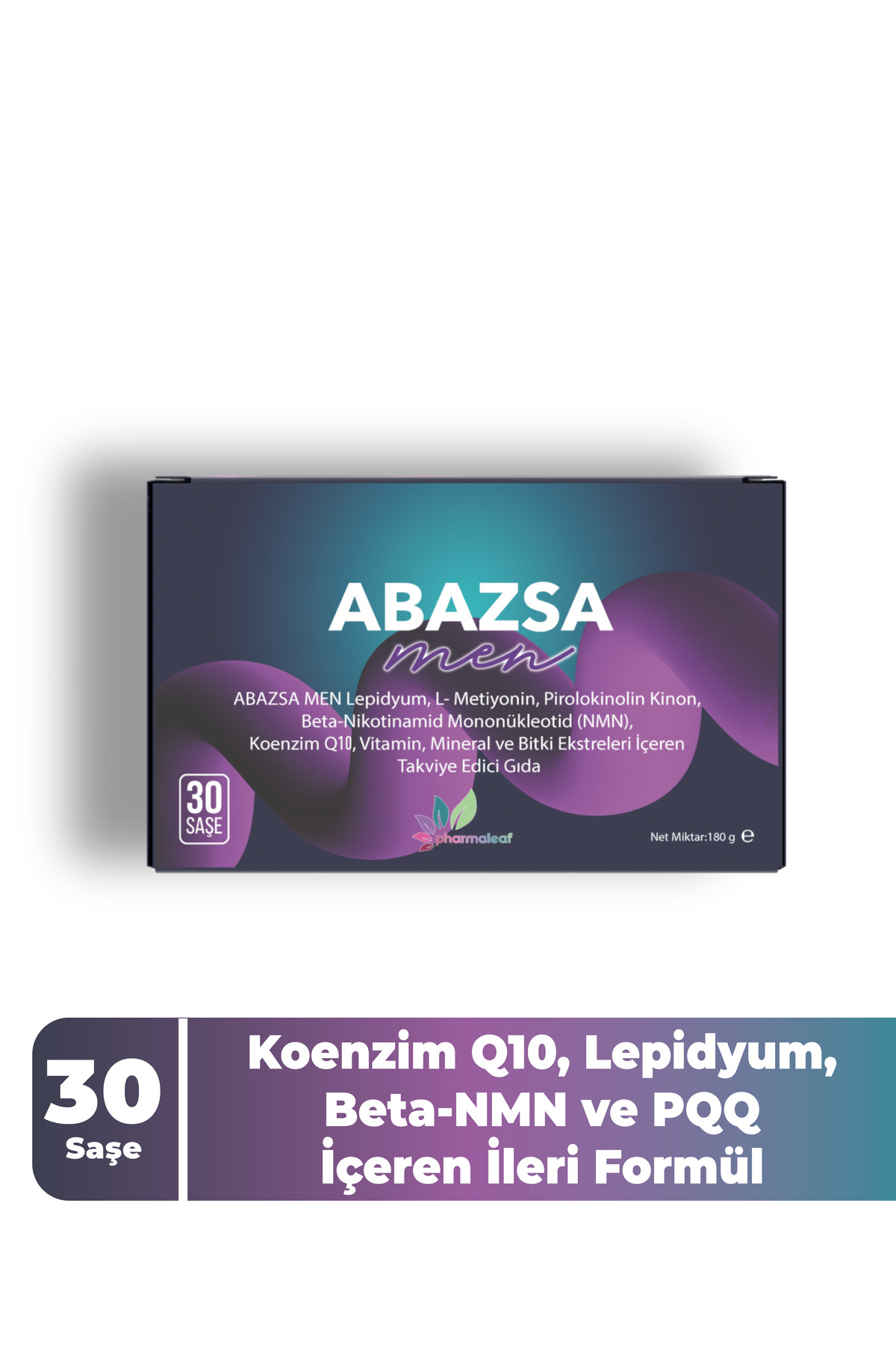 PHARMALEAF İLAÇ VE KOZMETİK Abazsa Men 30 Saşe Vitamin C D Vitamini B12 Çinko Ginseng Resveratrol NMN Koenzim Q10 Takviye — ABAZSA