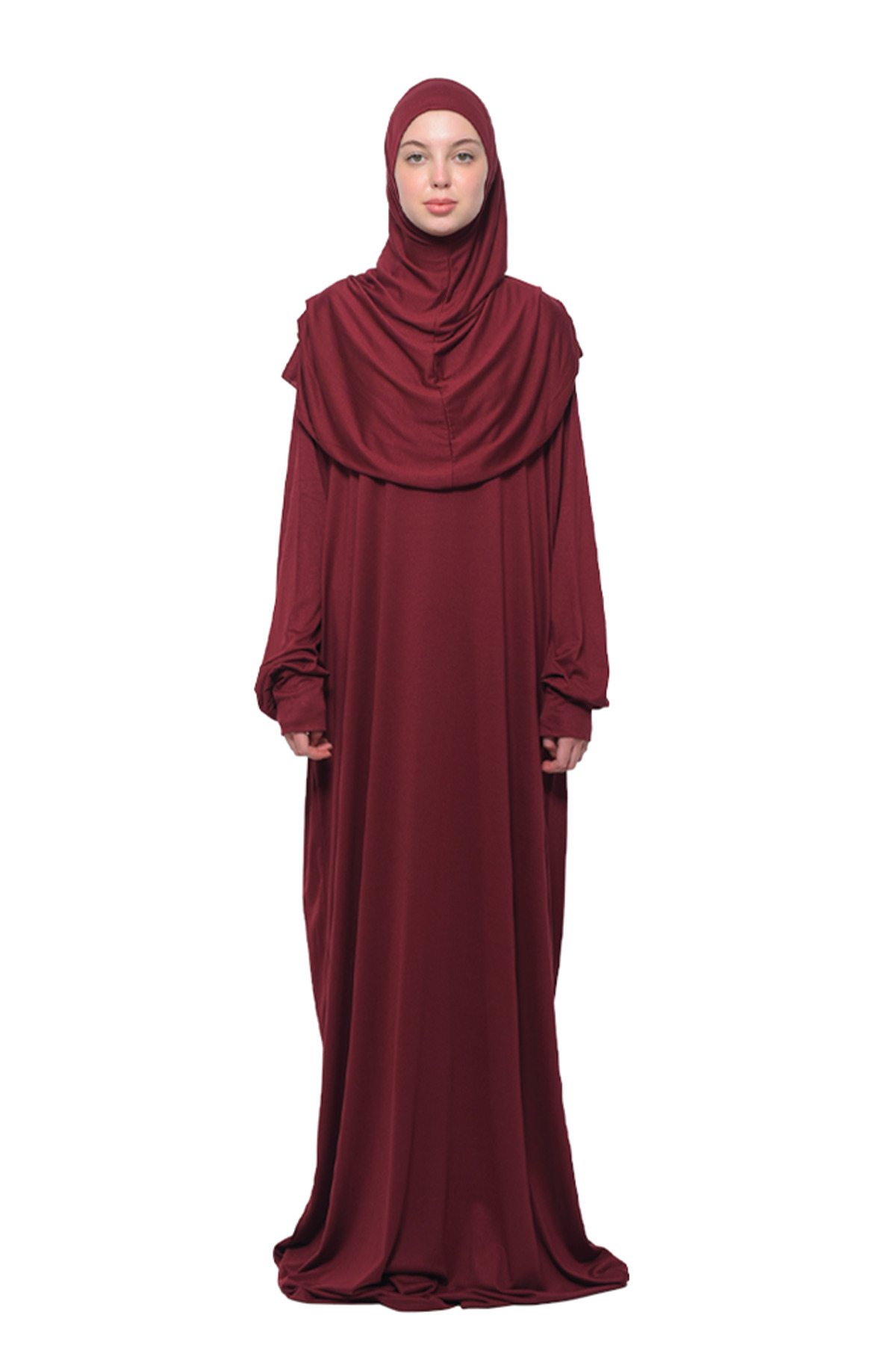 Altobeh Pratik Tek Parça Pamuklu Yarasa Kollu Tak Çıkar Başörtülü Organik Namaz Elbisesi Koyu Bordo