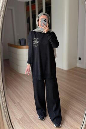 Ka Hijab Taşlı Cep Tesettür İkili Merserize Takım - Siyah