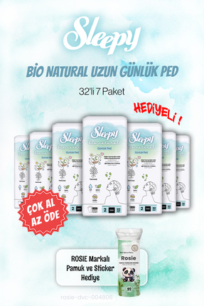 Sleepy 7 AL 6 ÖDE Sleepy Bio Natural Uzun 32'li Günlük Ped ve ROSIE