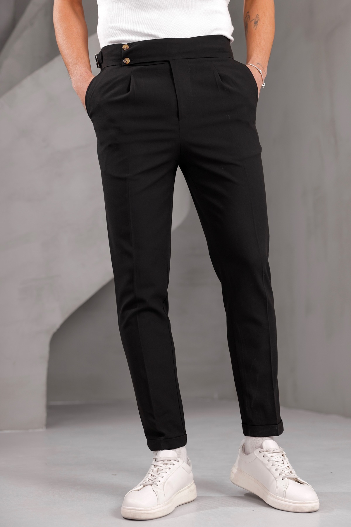 Gussi  Siyah Old Money Pileli Likralı Kumaş Pantolon - Görsel 8