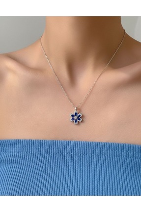 Aurasil Silver Lacivert Zirkon Taşlı Çiçek Kolye 925 Ayar Gümüş Kadın Kolye