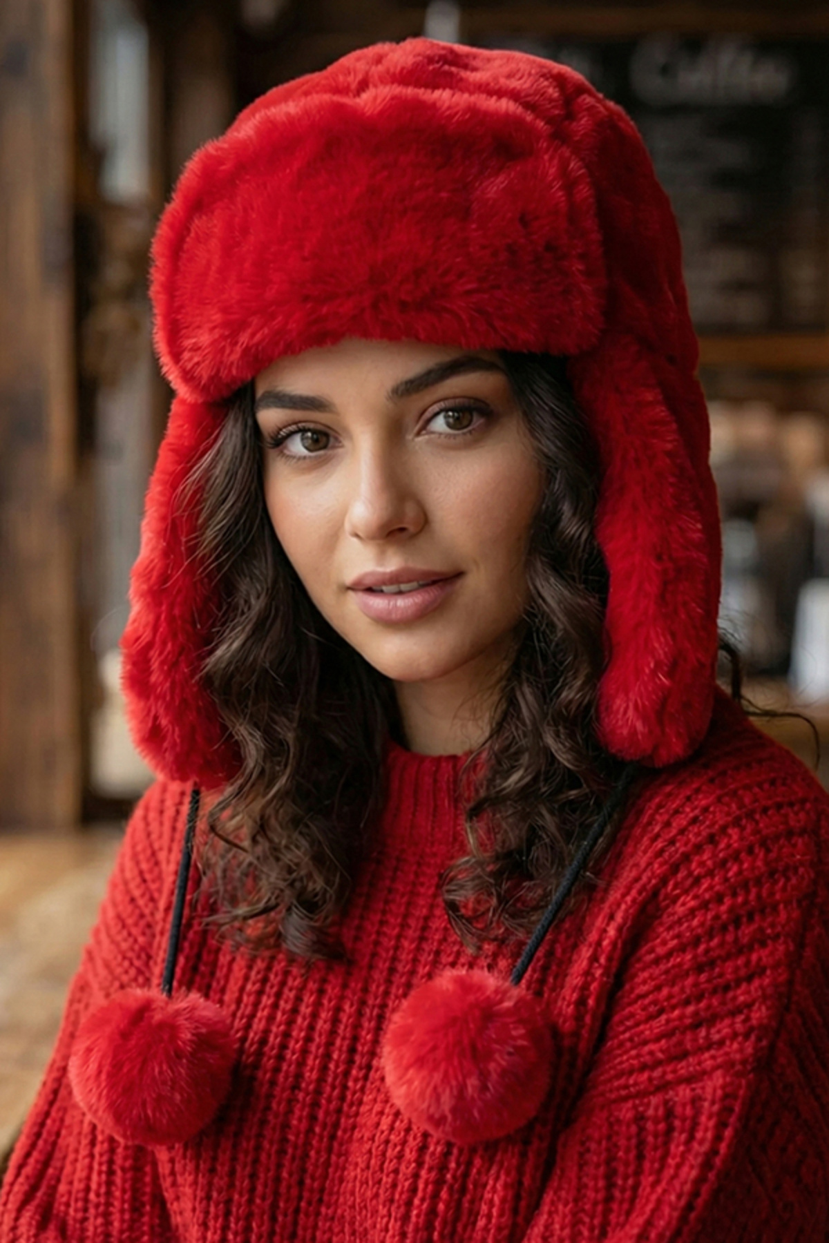 Kapin Suni Kürk Kırmızı Peluş Şapka - Kulaklı Pliot Şapka