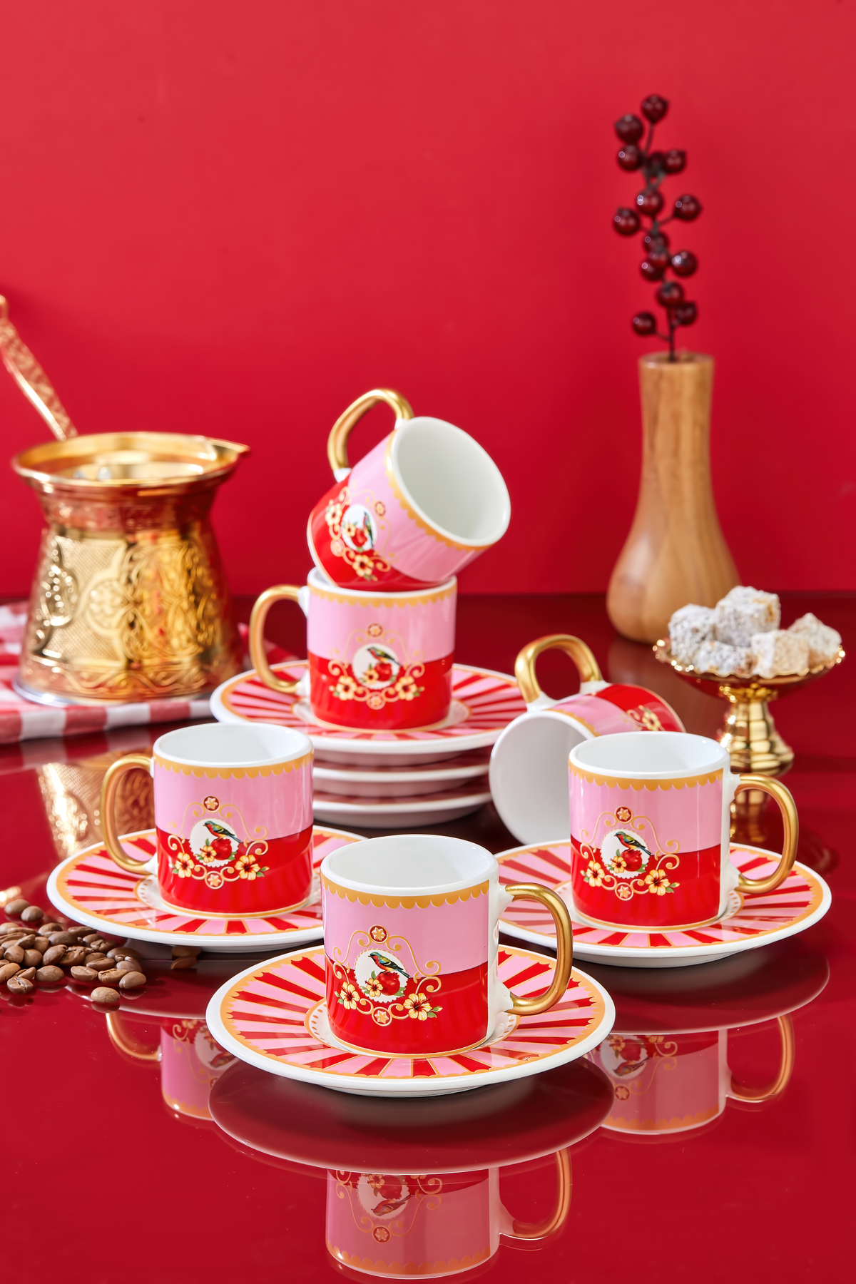 Carmen Soft 6 Kişilik Piano Pink Bird Kahve Fincan Takımı