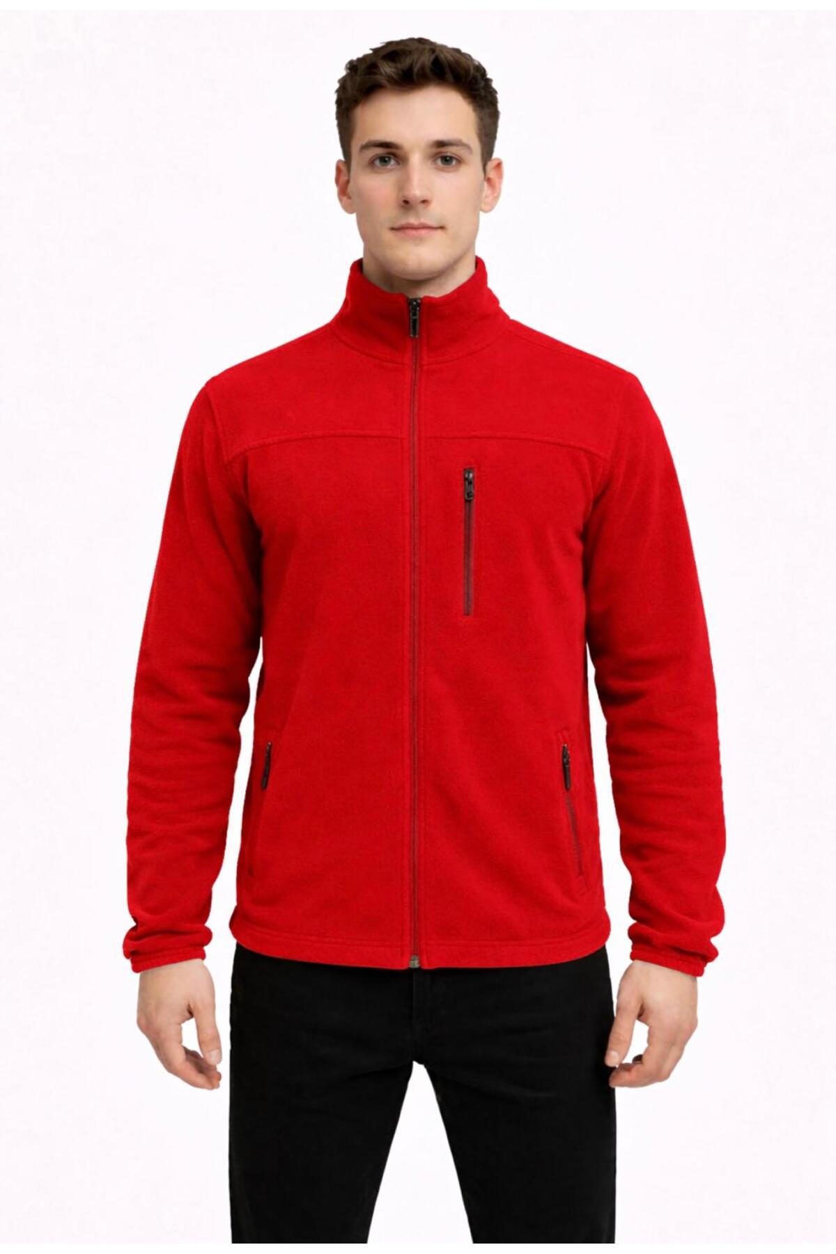 Erkek Kırmızı Polar Fermuarlı Hakim Yaka Sweatshirt-W1141 — قرمز