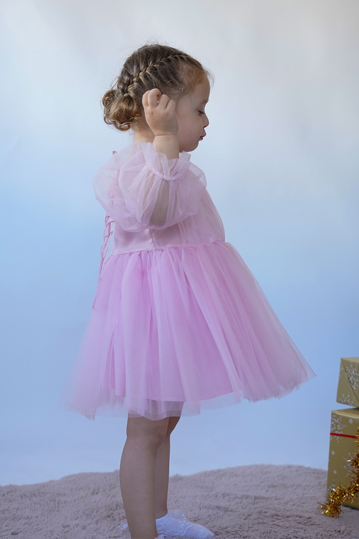 ALYRA Kız Bebek Çocuk Uzun Kollu Kanatlı Doğum Günü Parti Düğün Özel Gün Tüllü Tütü Astarlı Prenses Elbise fotoğrafı 7 (önizleme)