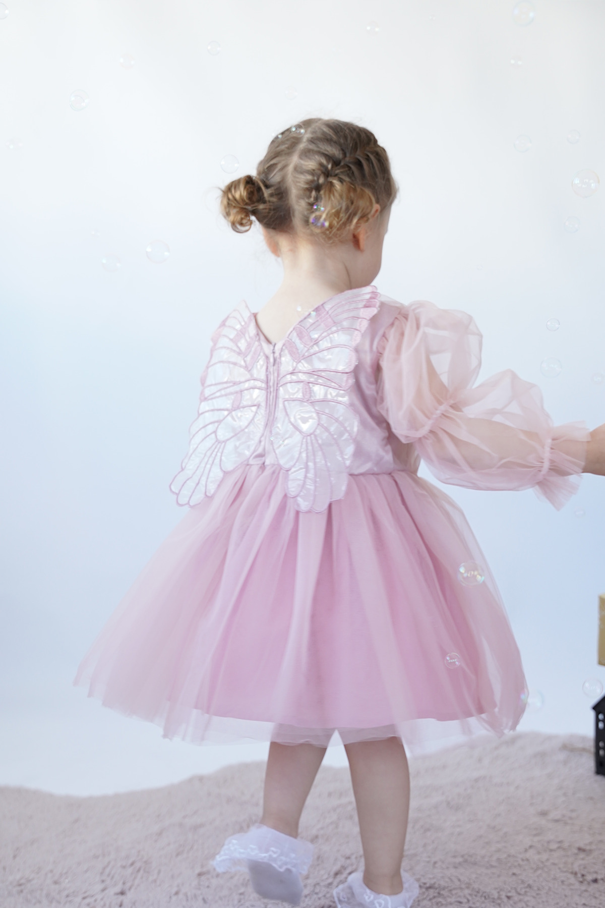 ALYRA Kız Bebek Çocuk Uzun Kollu Kanatlı Doğum Günü Parti Düğün Özel Gün Tüllü Tütü Astarlı Prenses Elbise fotoğrafı 5 (önizleme)