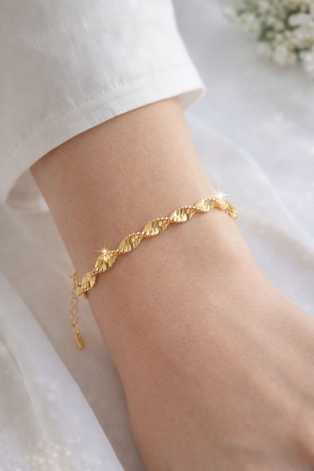 DEMOKAN Kadın Çelik Bileklik Kararmaz 14k Altın Renk Vip Seri İthal 4mm Burgu-İtalyan Zincir Kadın Bileklik