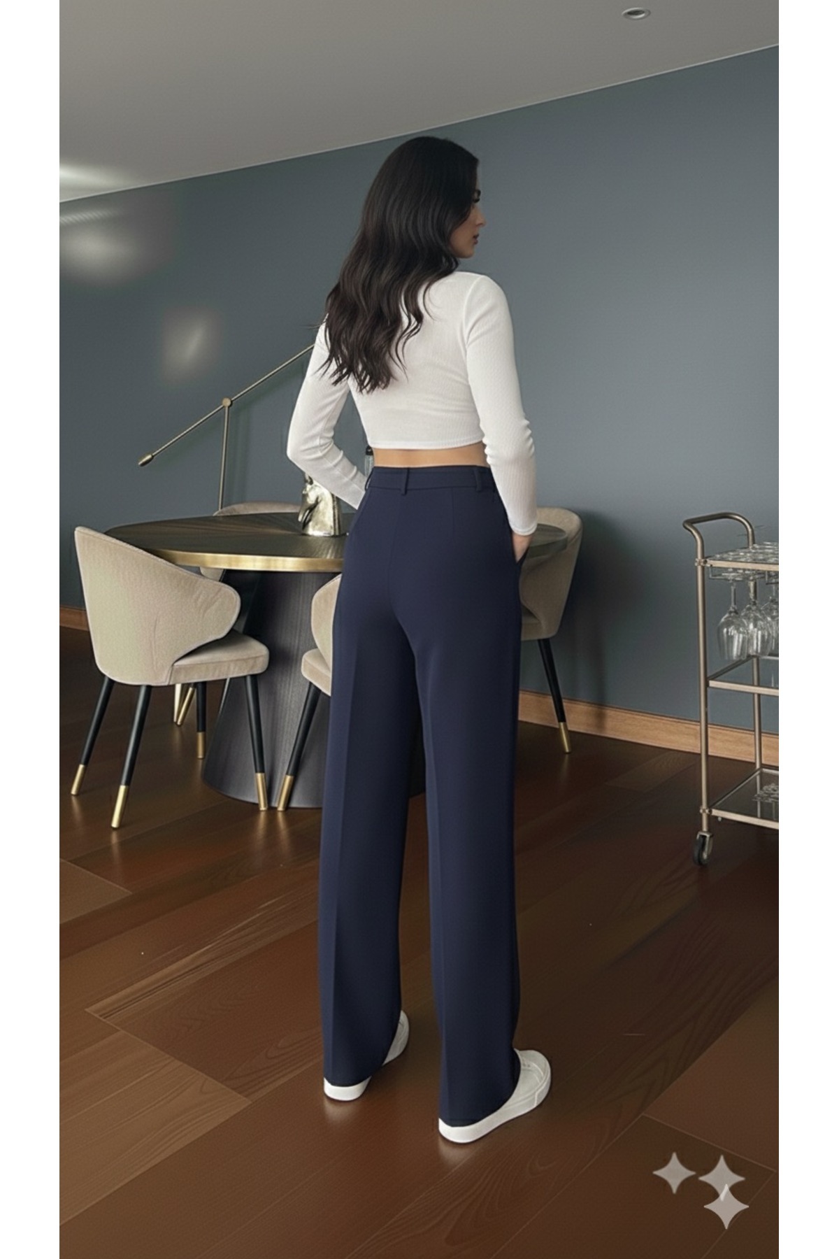 Genel Markalar  Kadın Lacivert Yüksek Bel Palazzo Pantolon Pileli Düğme Detaylı Bol Kesim Likralı Kumaş Pantolon - Görsel 3