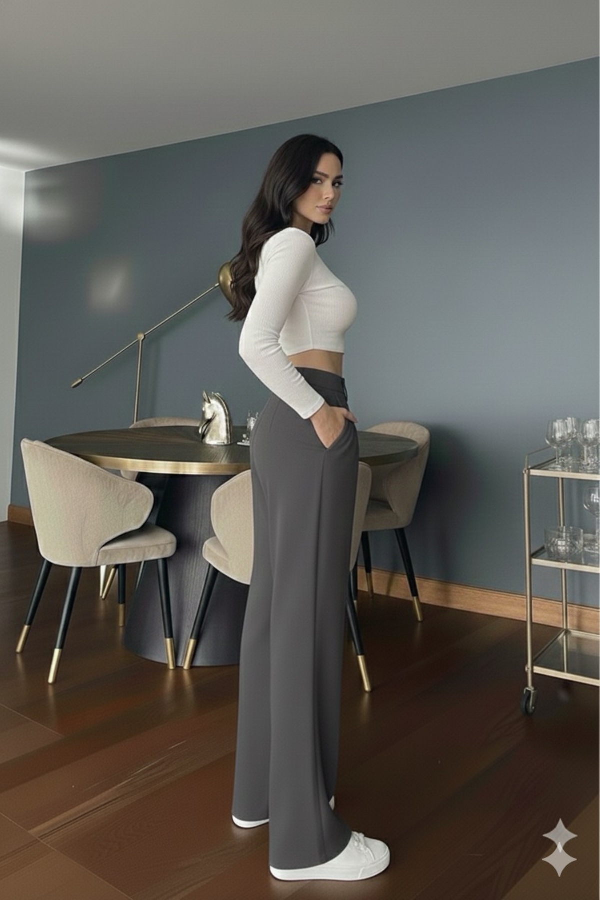 Genel Markalar  Kadın Siyah Yüksek Bel Palazzo Pantolon Pileli Düğme Detaylı Bol Kesim Likralı Kumaş Pantolon - Görsel 2