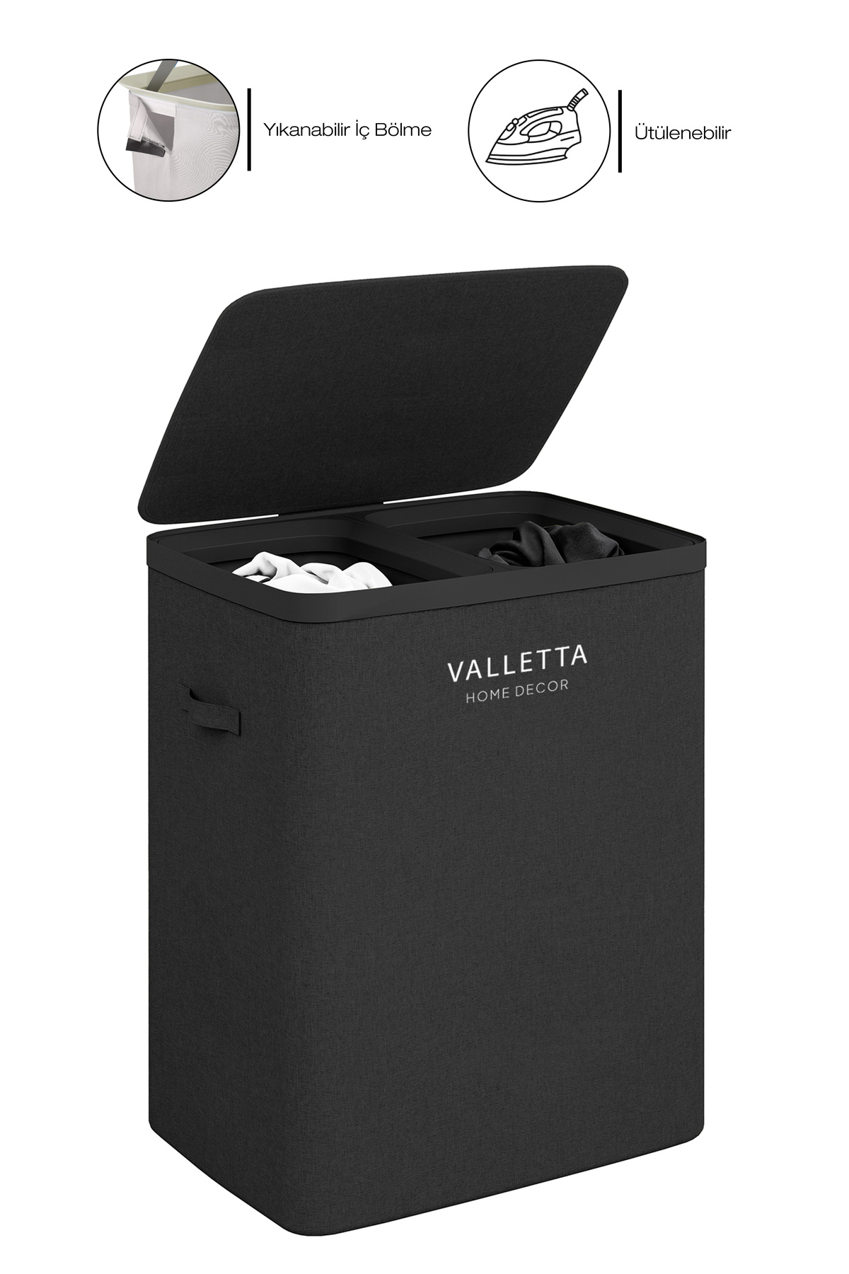 Paloma 100l Double Washable Compartment Foldable Fabric Dirty Laundry Basket Ink Black