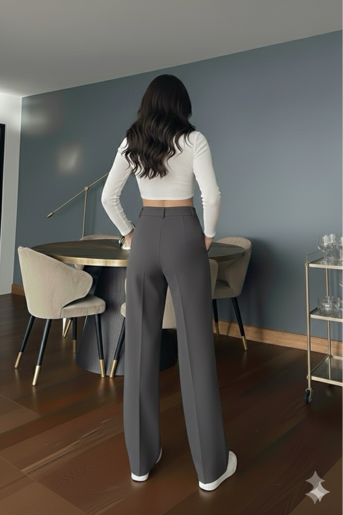 Genel Markalar  Kadın Siyah Yüksek Bel Palazzo Pantolon Pileli Düğme Detaylı Bol Kesim Likralı Kumaş Pantolon - Görsel 3