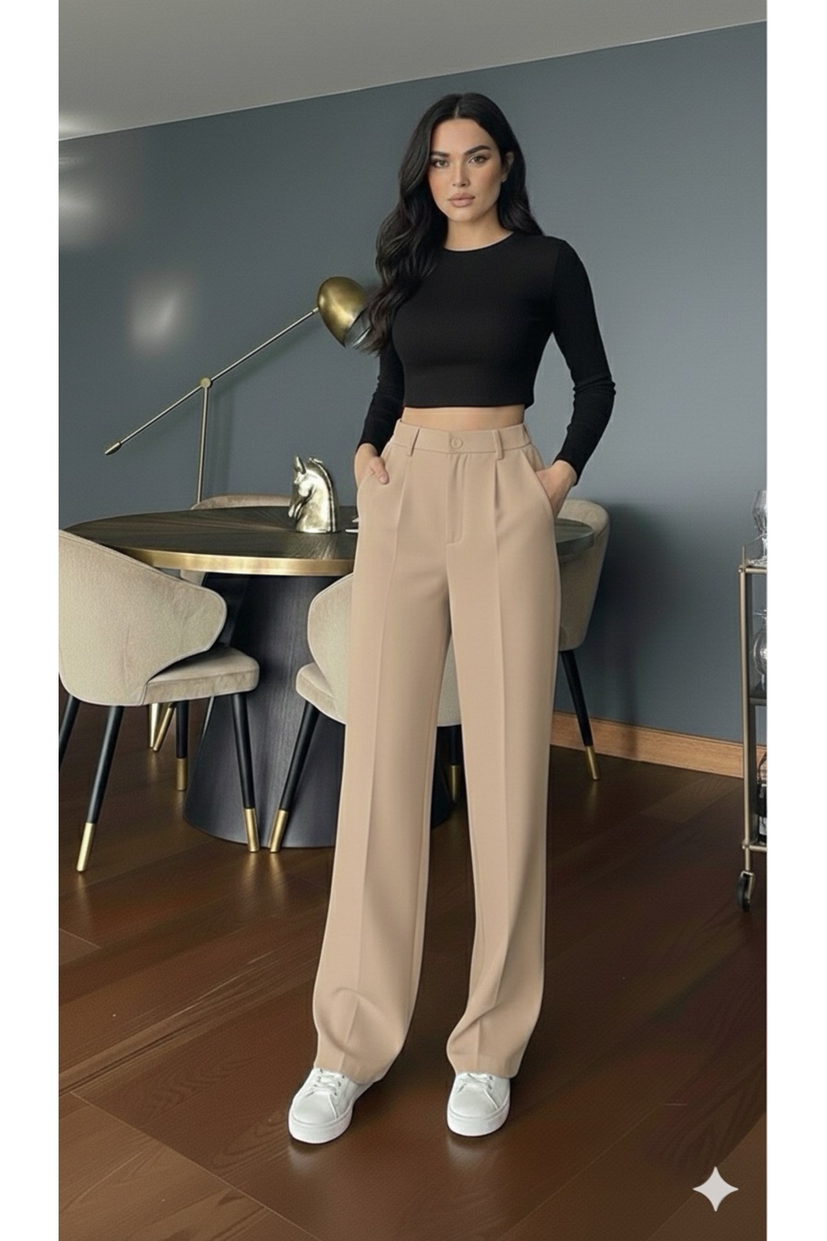 Marina Trend Women's Beige High Waist Palazzo Pants Pleated Button Detailed L...