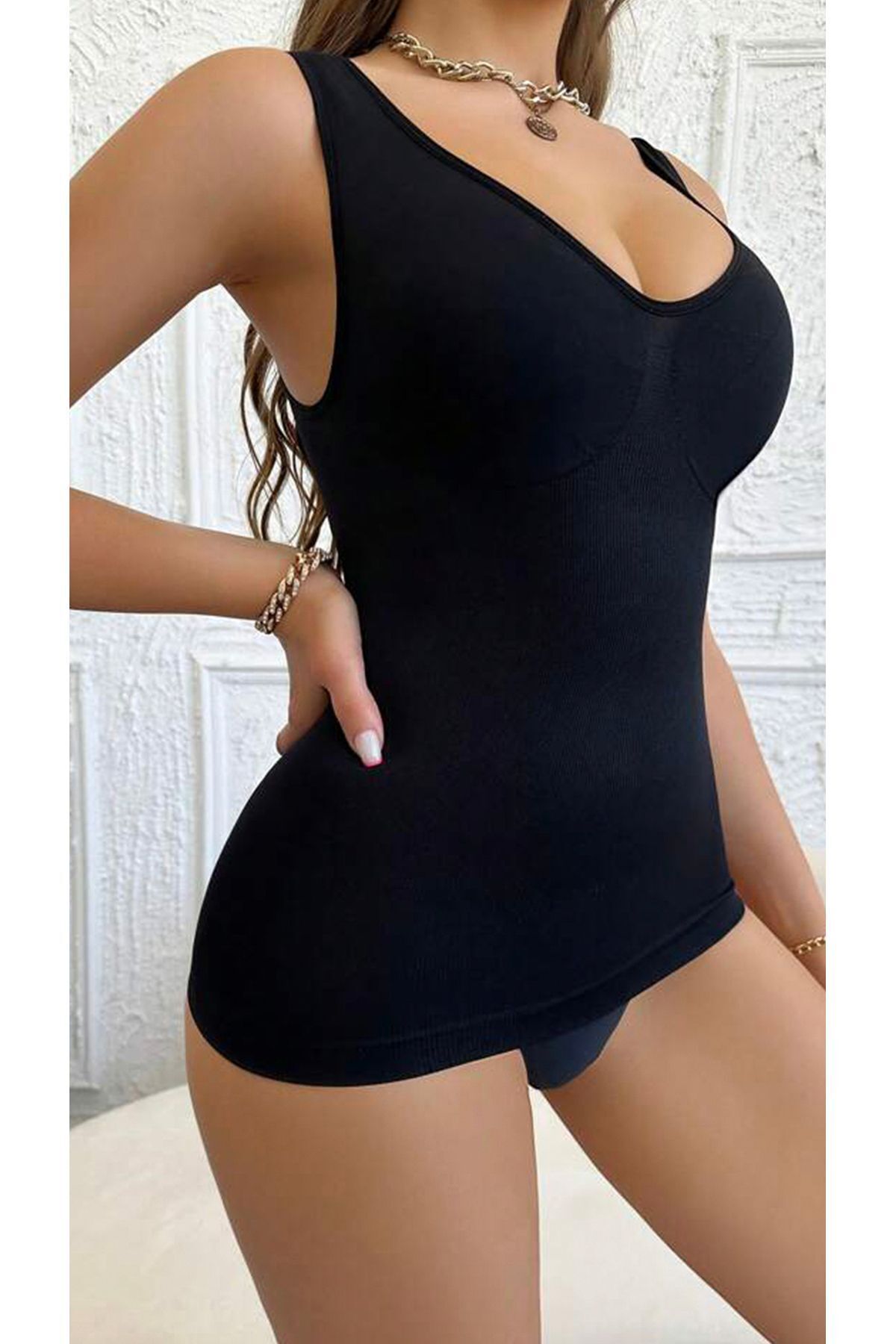 SWEETKORSE Extra Göğüs Göbek Bel Toparlayıcı Sıkılaştırıcı Bir Beden İncelten Siyah Rengi Kadın Atlet Korse görsel 4