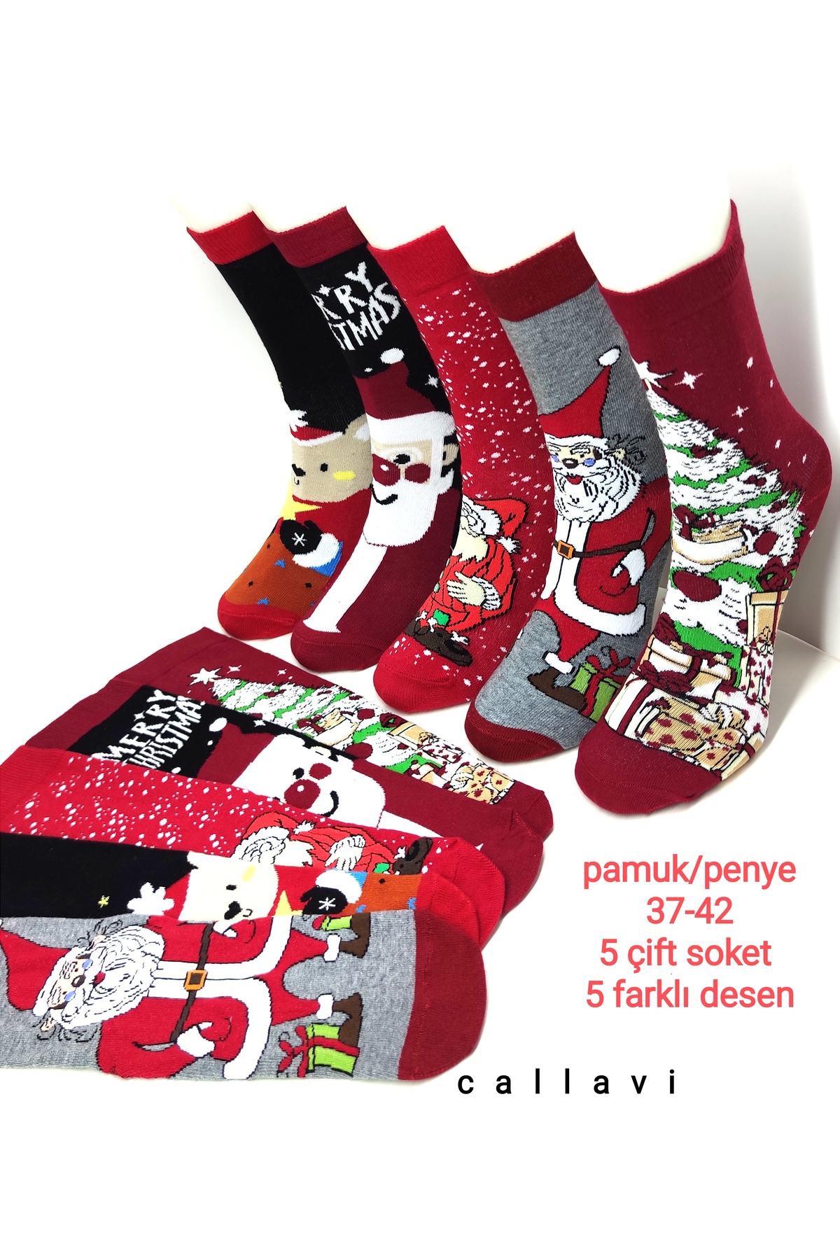 CALLAVI Yılbaşı Çorabı Pamuk/Penye Soket Çorap Unisex 5 Çift görsel 3