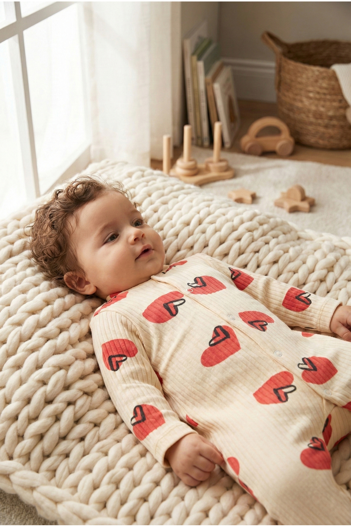 Noone 3'lü Uzun Kollu Patikli Bebek Uyku Tulumu Seti - Kalp Desenli Çıtçıtlı Fitilli Pijama fotoğrafı 7 (önizleme)