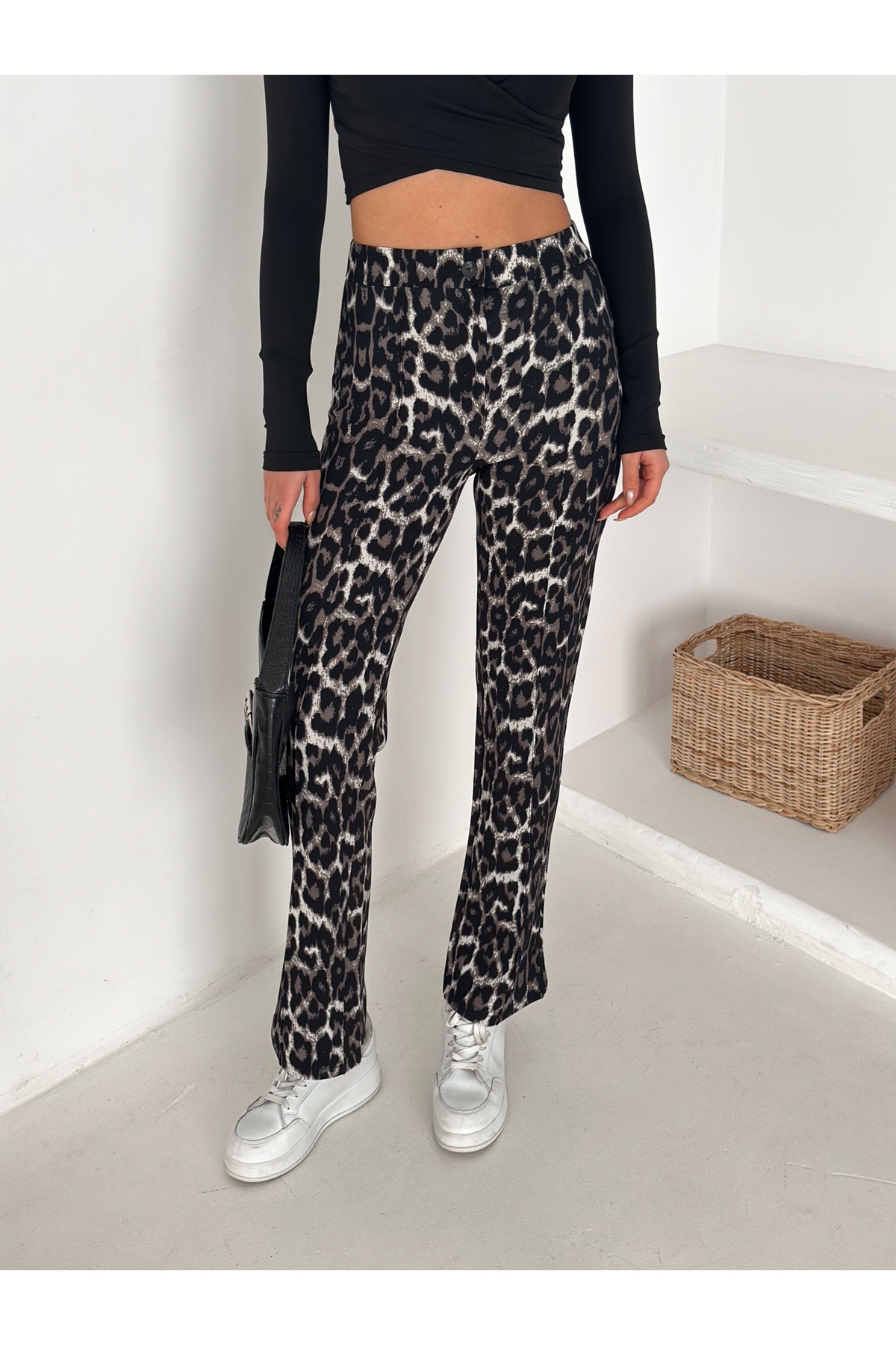 Velista Pantaloni crep cu picioare largi pentru femei talie înaltă imprimeu leopard