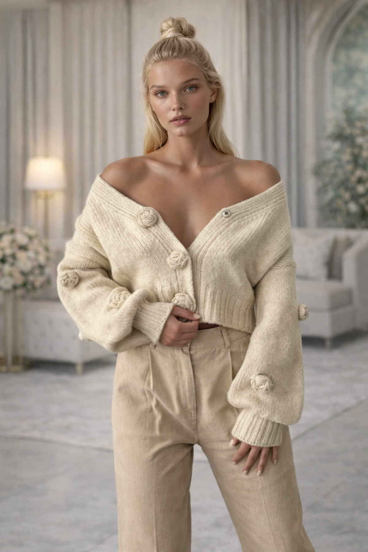 OYERGA MODA Dámsky kardigan s detailom ruže