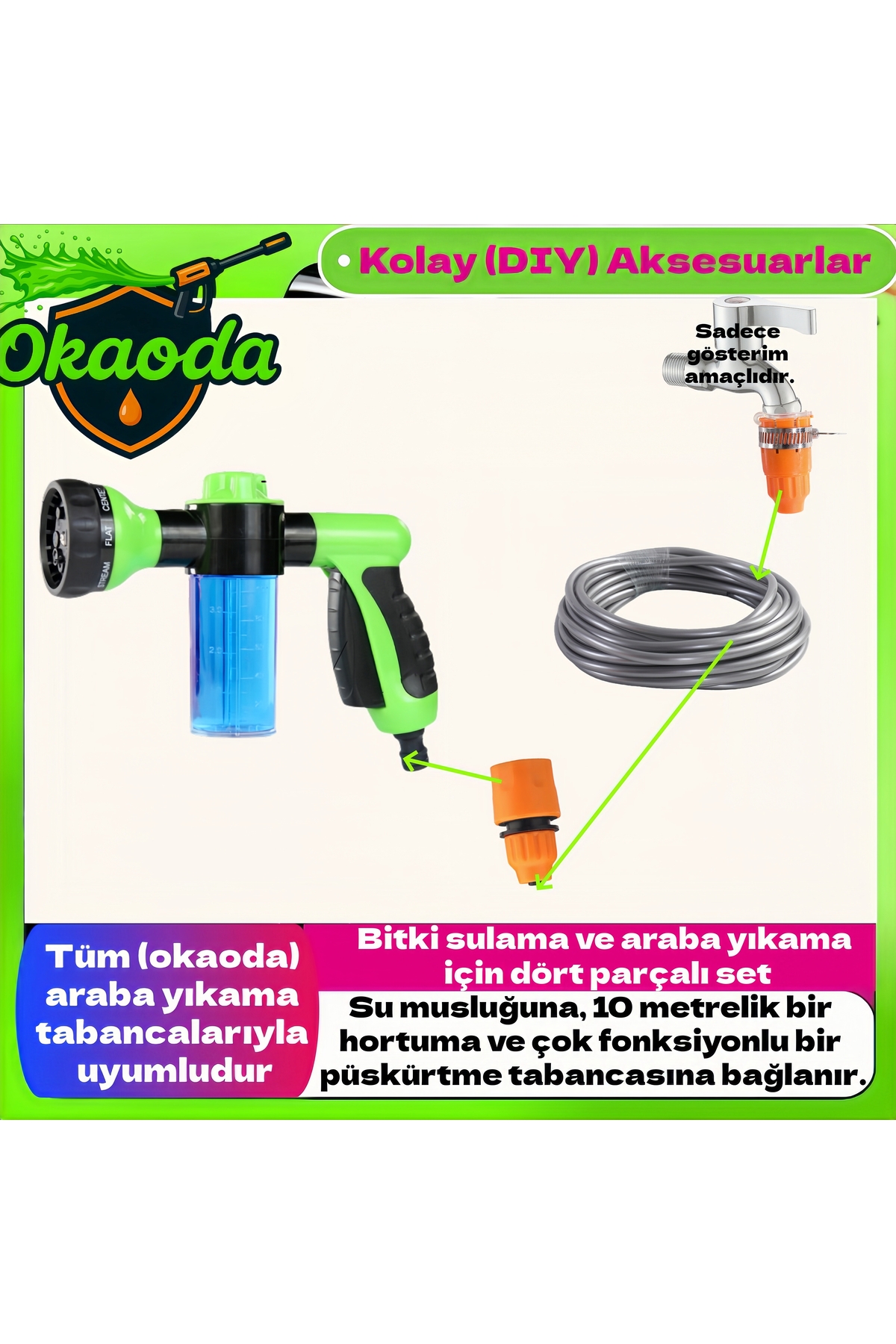 okaoda Bitki sulama, araba yıkama ve ev temizliği için dört parçalı püskürtme tabancası seti