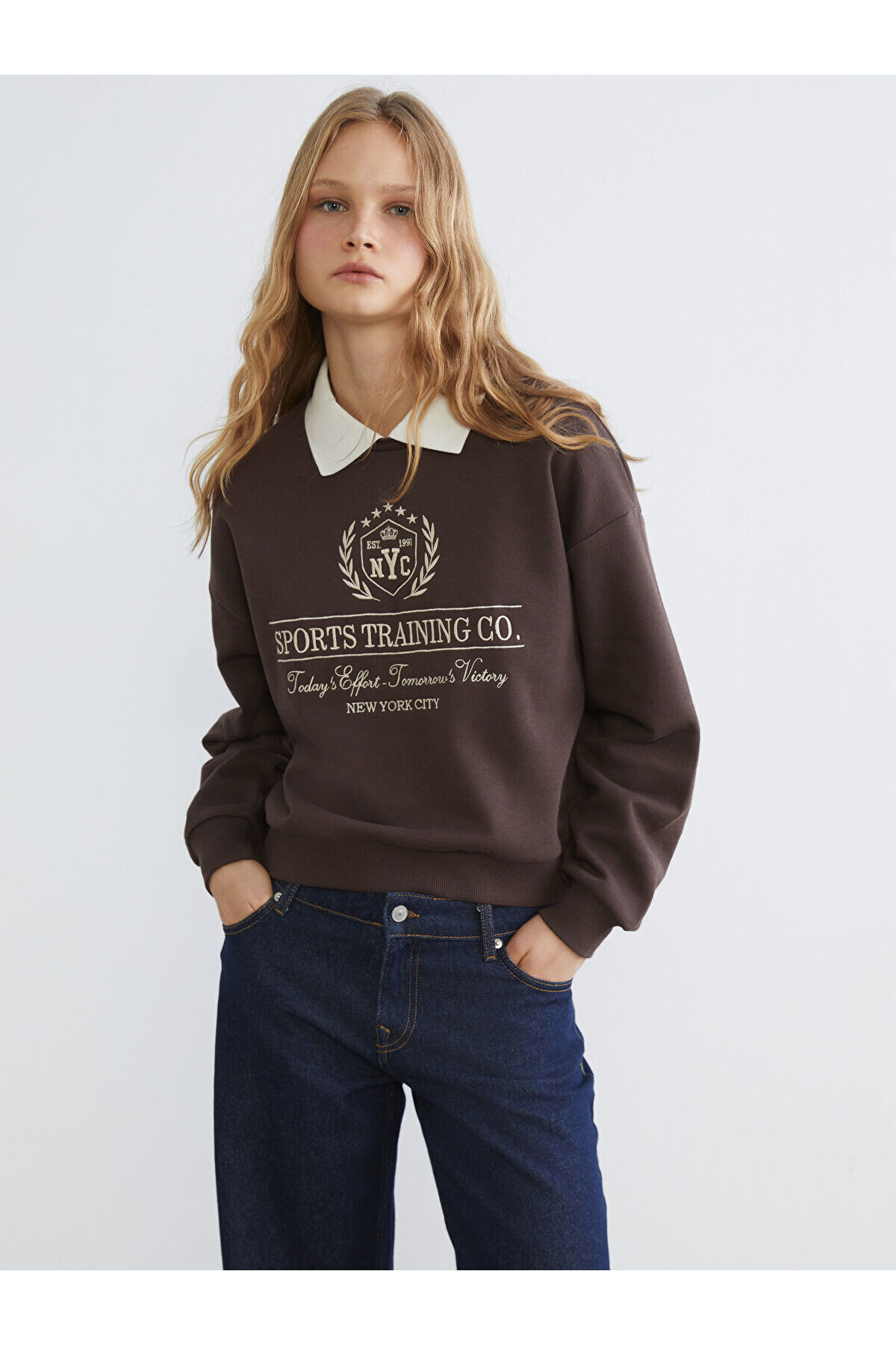 LC Waikiki Brown New York Embroidered Women's Thick Sweatshirt