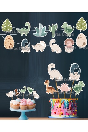 Hiras Dizayn 32 Parça Dinozor Temalı Set Çocuk Kutlama Doğum Günü Süsü Banner...