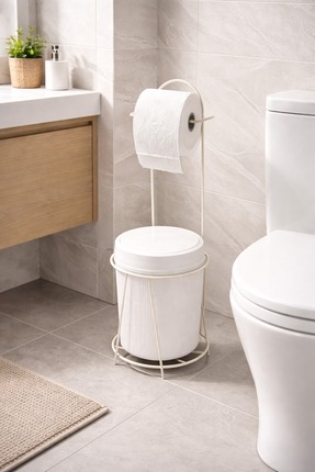 Wirewel Ayaklı WC Kağıtlığı Çöp Kovası Seti, Metal Askılı WC Kağıtlık Standı