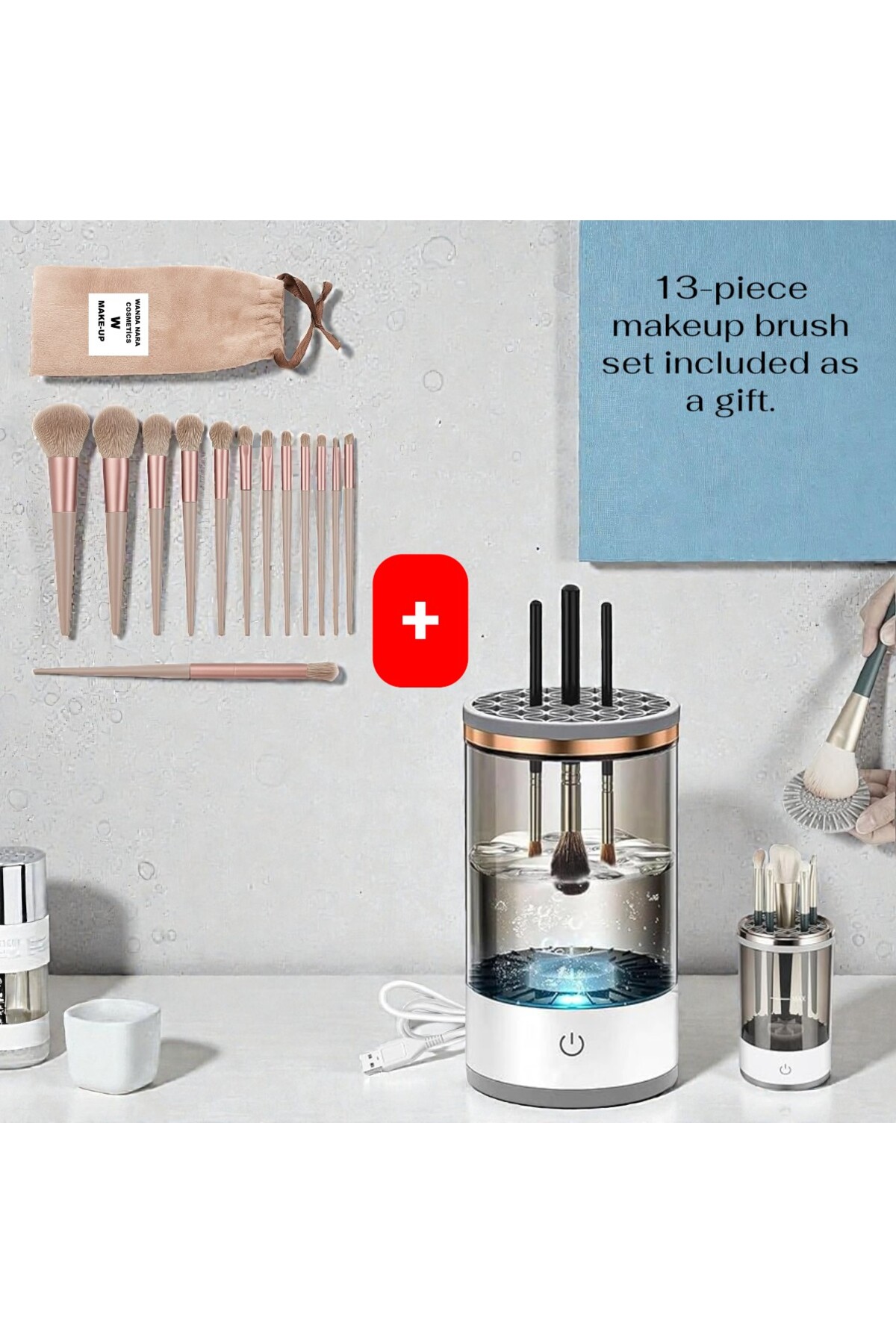 WANDA NARA COSMETİCS Otomatik Makyaj Fırçası Temizleme Cihazı + Makyaj Fırça Seti