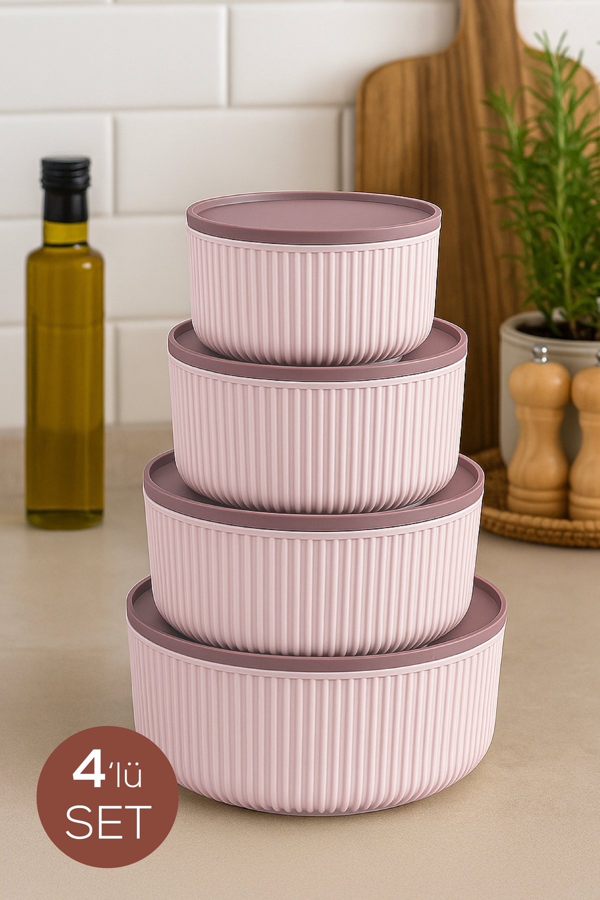 Vienev Комплект от 4 кръгли съда за съхранение, розови на райета | 2,5 1,5 0,80 0,45 л | Подходящи за микровълнова печка и фризер