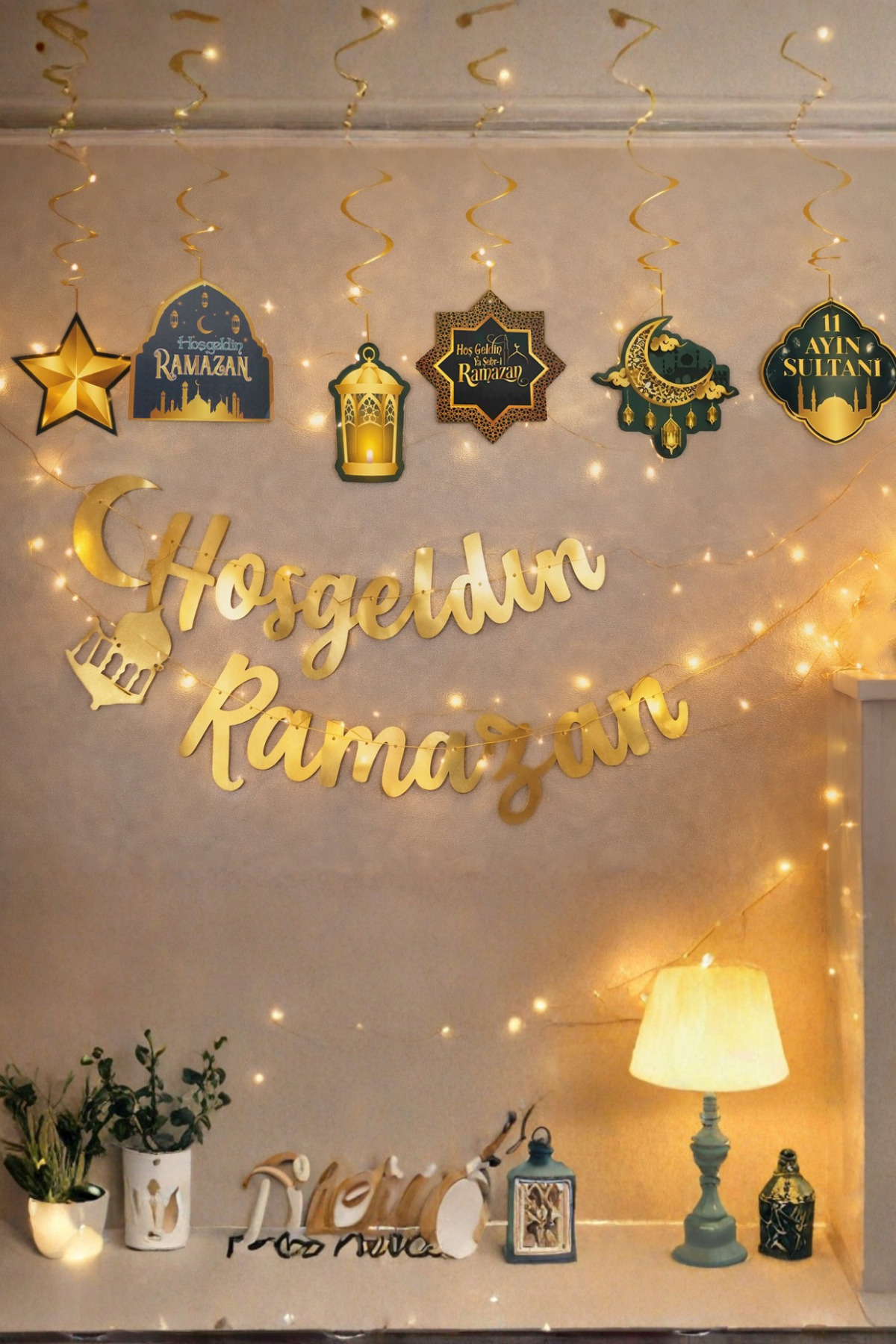 Parti dolabı Led Işık Hoşgeldin Ramazan Gold Banner Yazı Iyi Bayramlar 6'lı Tavan Süs Ramazan Oda Süsleme Seti