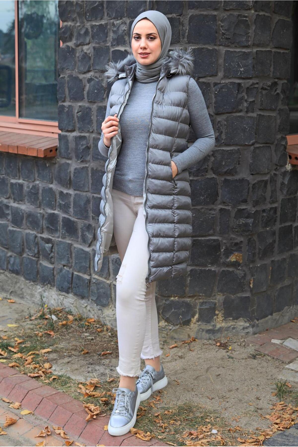 TRENDTESETTÜR KADIN GRİ KAPÜŞONLU ŞİŞME YELEK T 4747