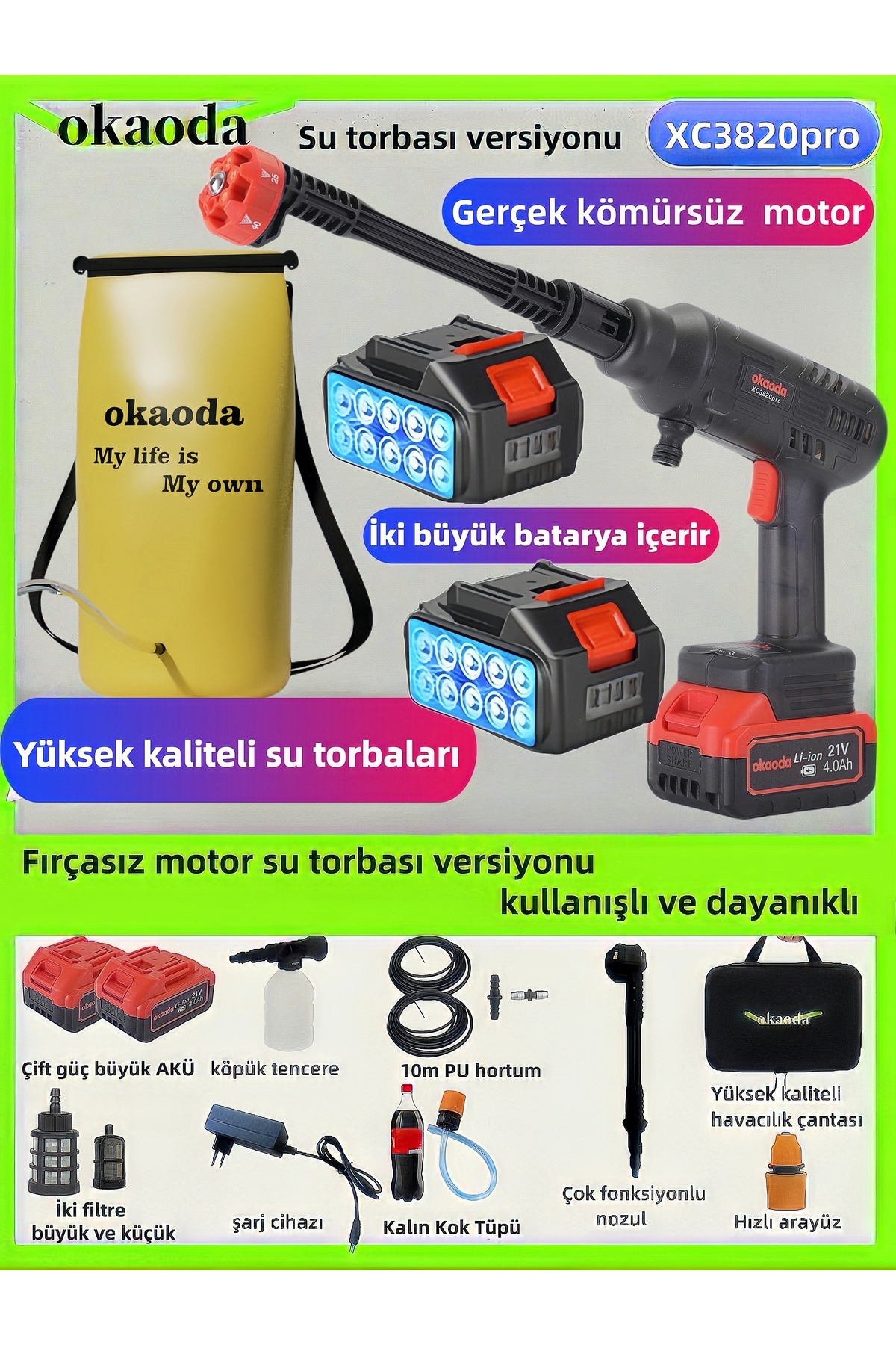 okaoda (XC3820PRO SU TORBASI VERSİYONU) Çift Lityum Pil Hız Kontrolü Fırçasız Motor Araba Yıkama Tabancası