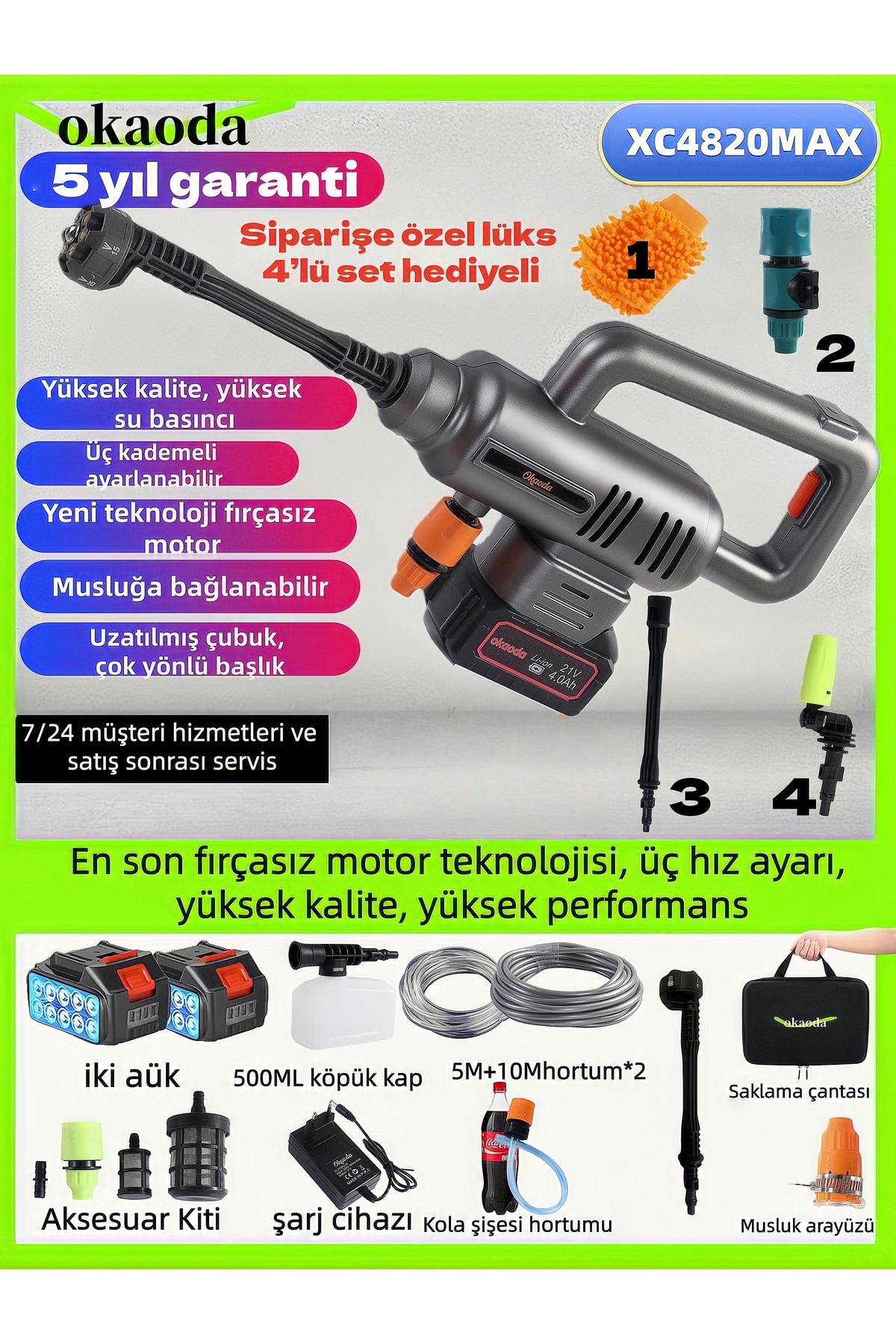 okaoda En güçlü çift lityum pil 4820 Kömürsüz motor patentli teknoloji araba yıkama ev temizlik makinesi