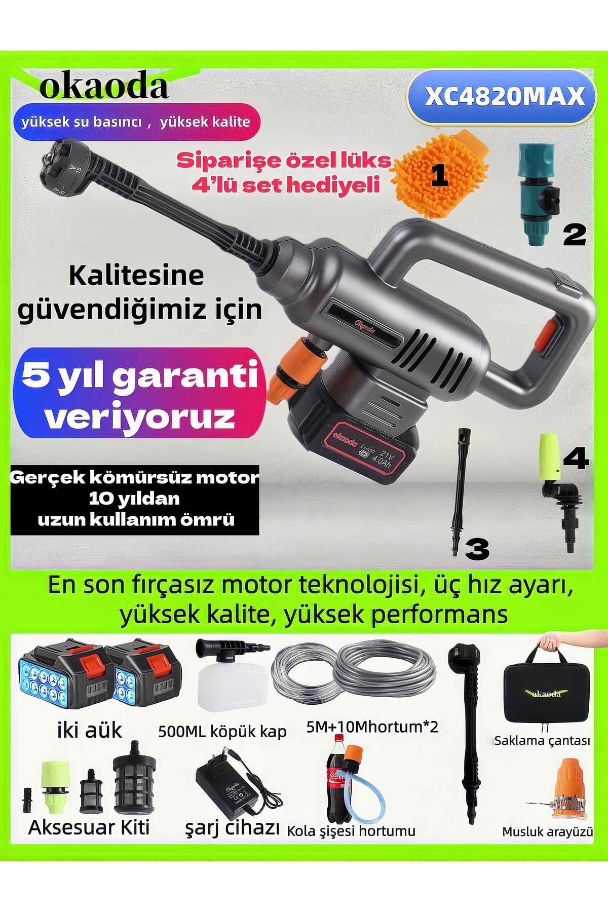 okaoda 4820 fırçasız motor çift pil Şarjlı Yüksek Basınç oto araba yıkama ve bahçe temiz makinesi