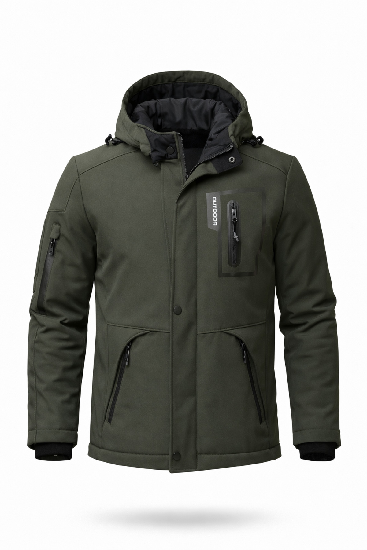 Outdoor Hooded Water And Windproof Quilted Furry Fiber Filled Inflatable Khaki Softshell Coat