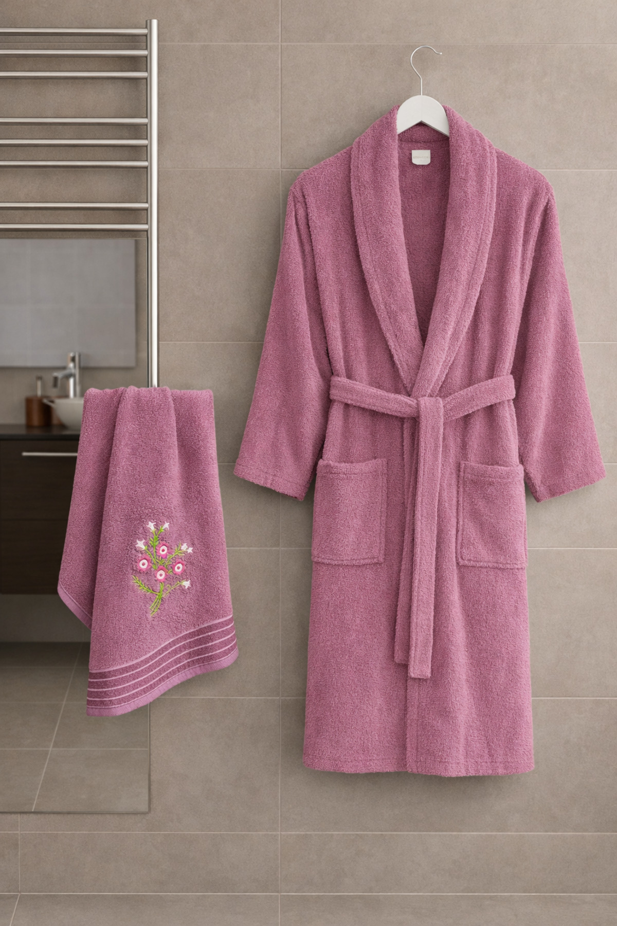 sternen glanz Sternen Havlulu Nakışlı %100 Pamuklu Yumuşak 2'li Bornoz - Saç Havlu Seti /Çeyiz Seti /Hamam Seti