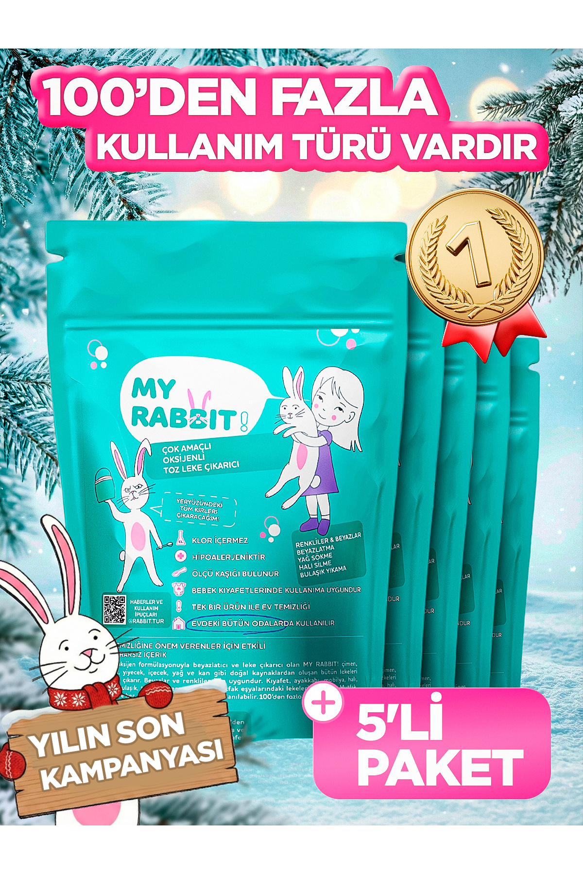 My Rabbit! Çamaşır Ve Yüzey Için Çok Amaçlı Oksijenli Toz Leke Çıkarıcı ve Beyazlatıcı 5'li Paket 5 X 800 gr