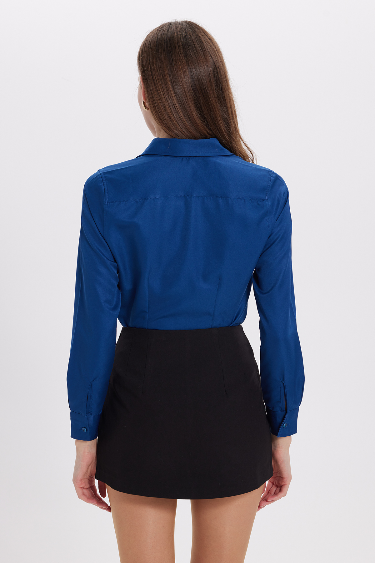 Tudors  Kadın Slim Fit Dar Kesim Vücuda Oturan Uzun Kollu Lacivert Basic Gömlek - Görsel 8