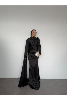 Guer Fashion ElisB Saten Drapeli Balık Pelerin Kollu Siyah Abiye