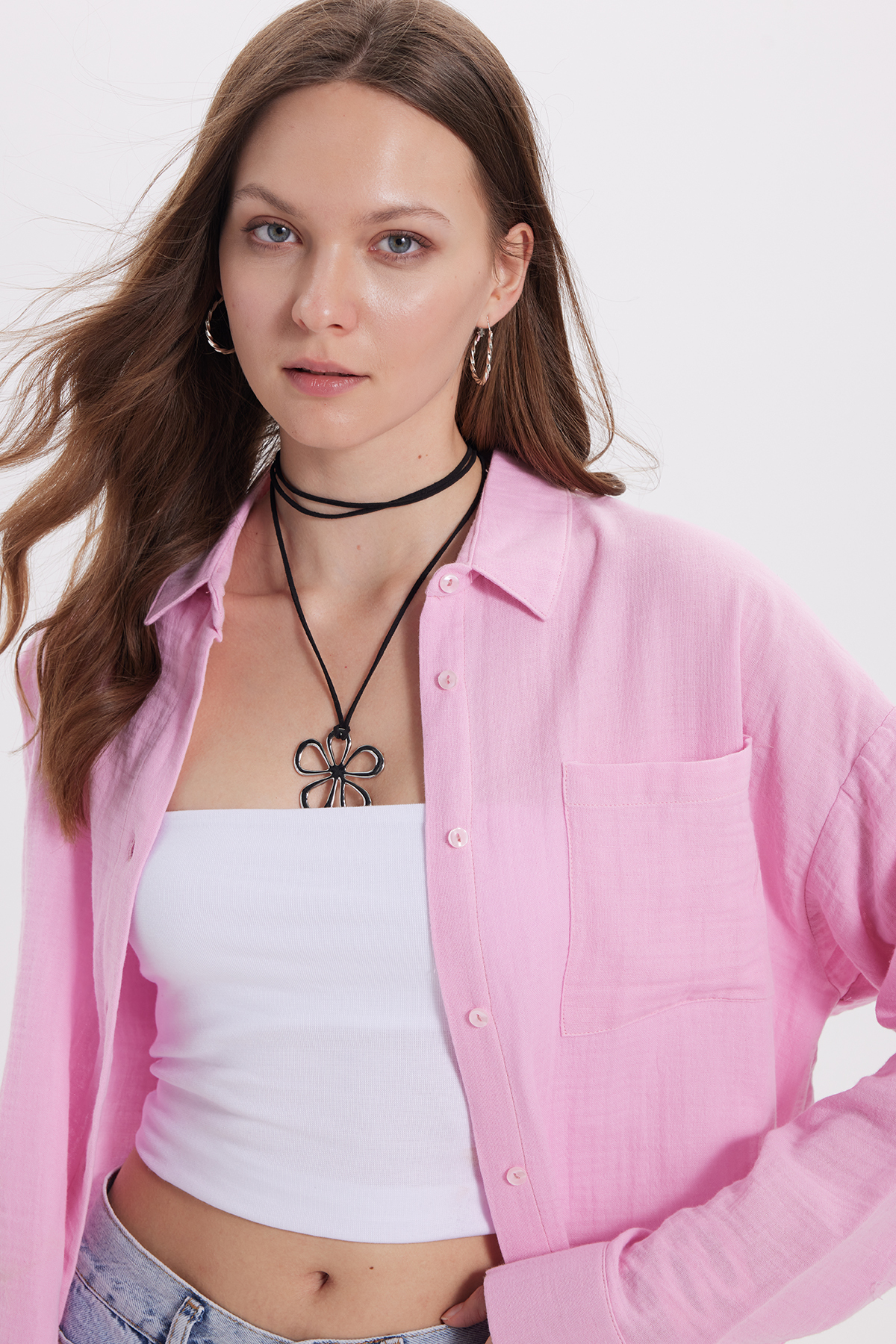 Women's Oversized Wide Cut 100% Cotton Muslin Fabric Long Sleeve Pocket Textured Lilac Shirt