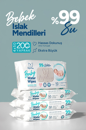 Papilion Baby Water Wipes %99 Saf Su Bazlı Bebek Islak Mendil 4x50 – 200 Yapr...
