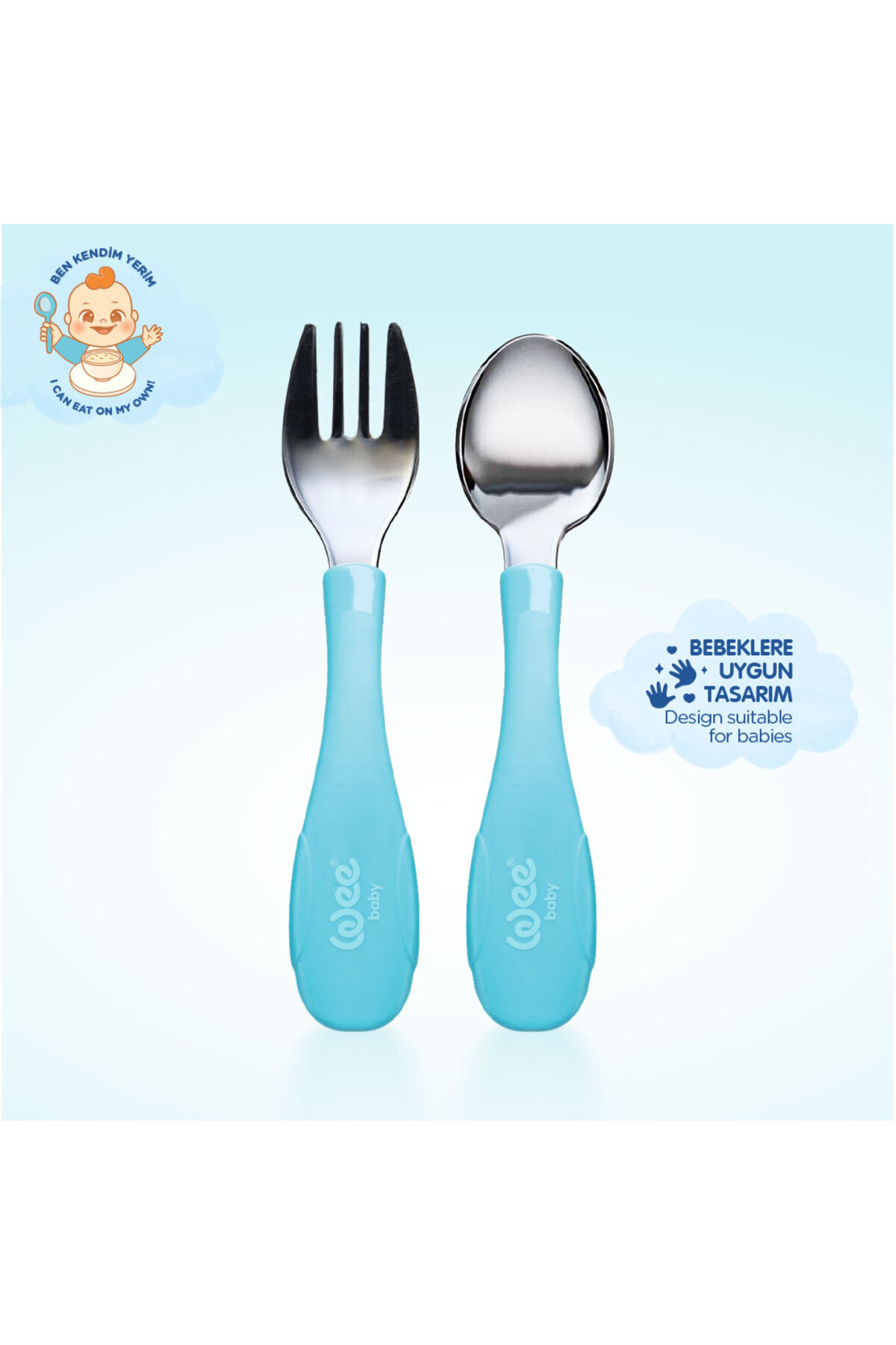 Wee Baby Paslanmaz Çelik Kaşık Çatal Seti - Mavi fotoğrafı 3 (önizleme)