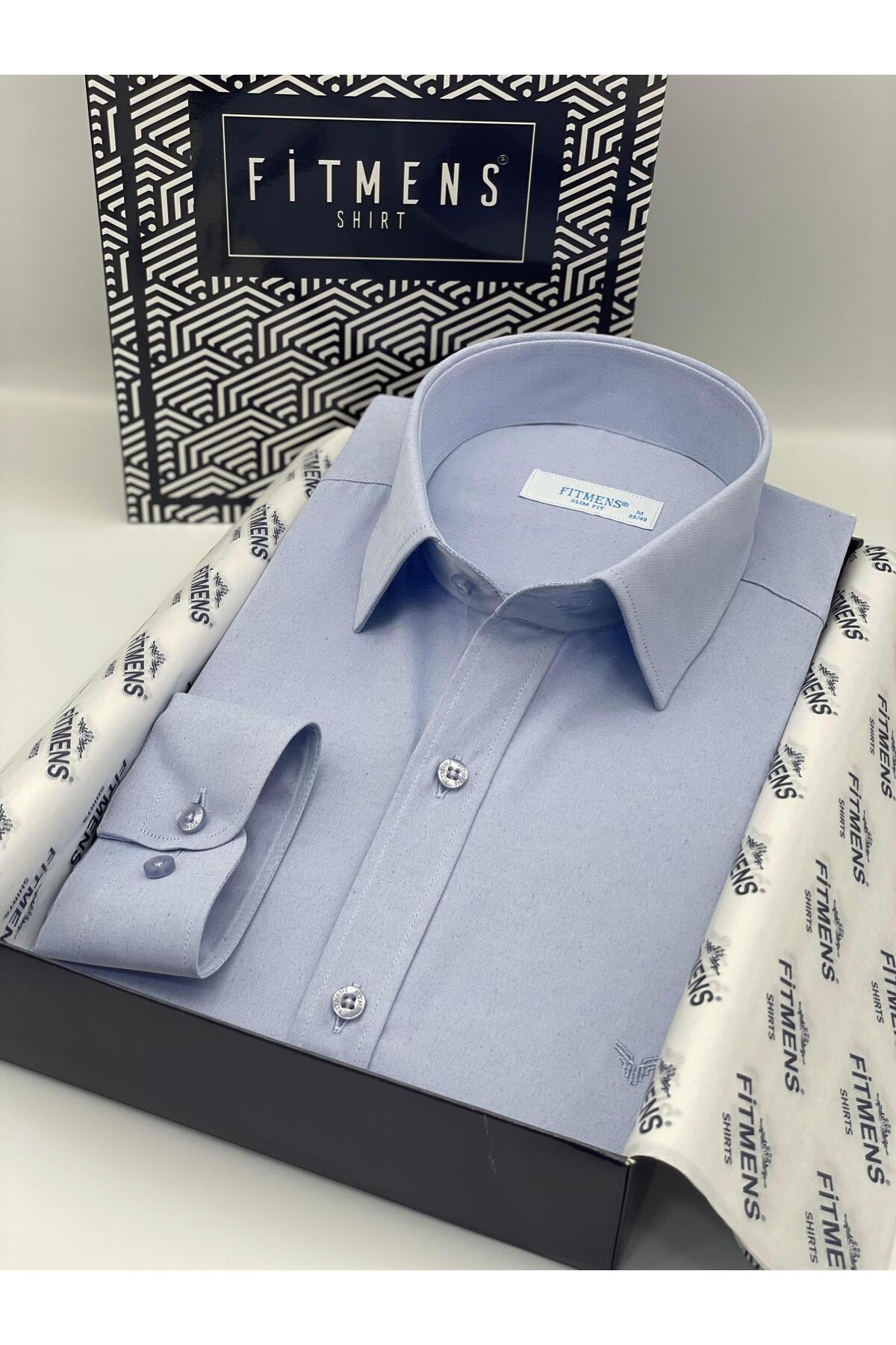 Slim Fit Long Sleeve Satin Easy Iron Men's Shirt with Gift Box FS-002968 - Light Blue