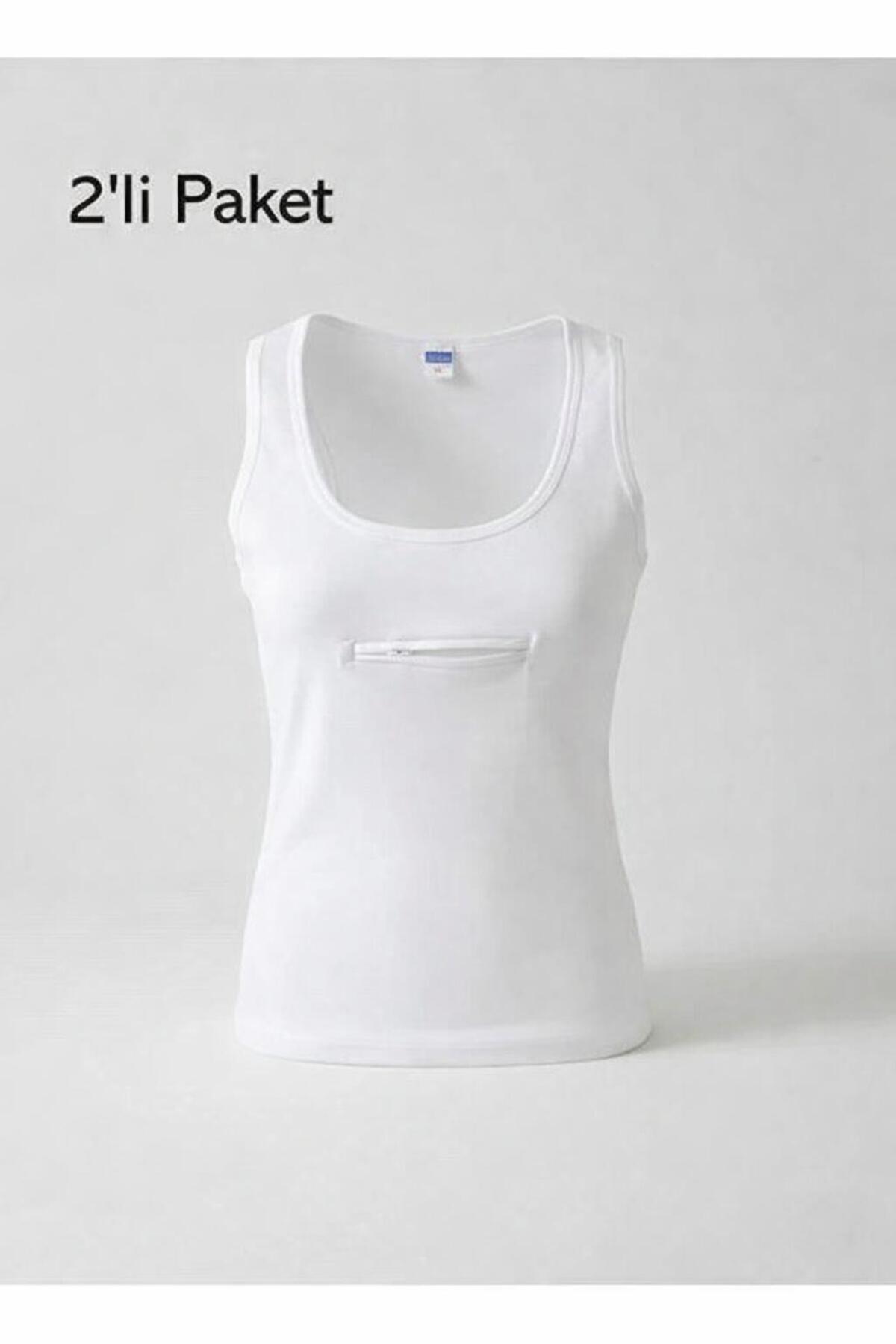 begün Cepli Atlet (2 Adet)...Hac-Umre İçin Uygun..Erkek Ve Kadın İçin Pamuklu Fermuarlı Beyaz Cepli Atlet.