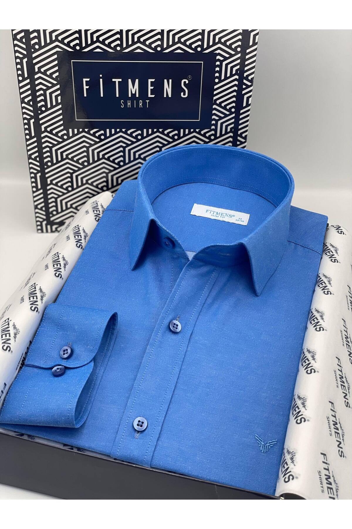 Slim Fit Long Sleeve Satin Easy Iron Men's Shirt with Gift Box FS-002968-Saxe Blue