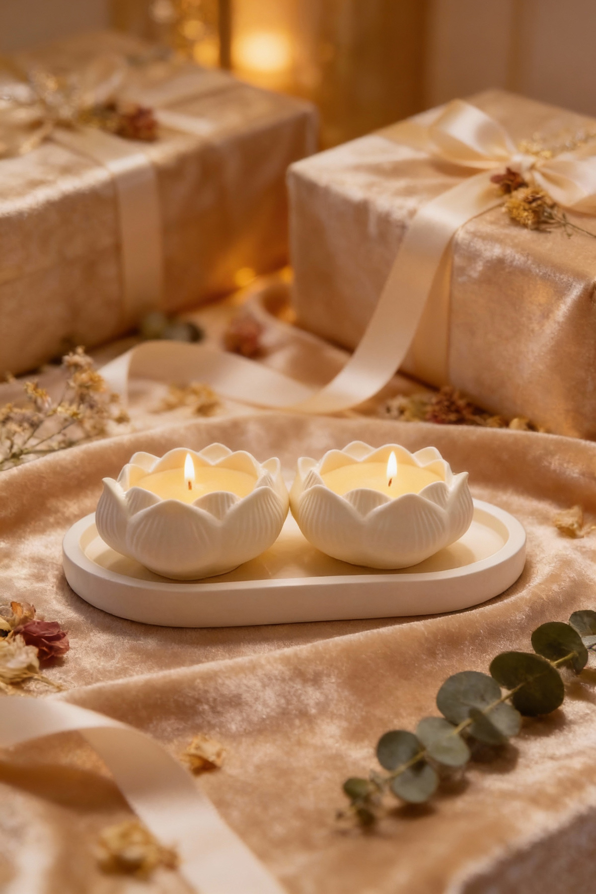Vanilla Scented 2-Piece Lotus Decorative Candle Set – White Candle with Tray